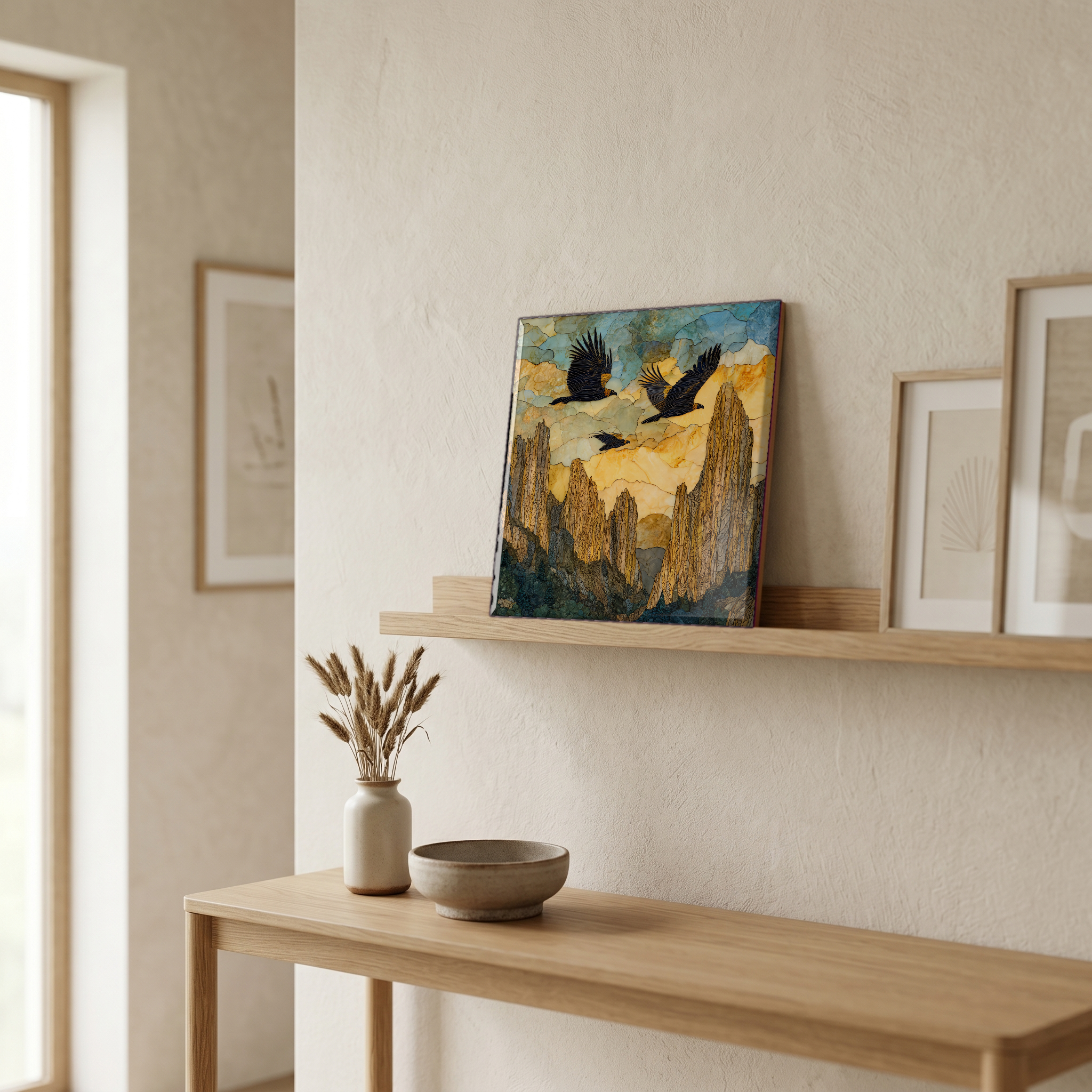 On a picture ledge, where the light comes in.