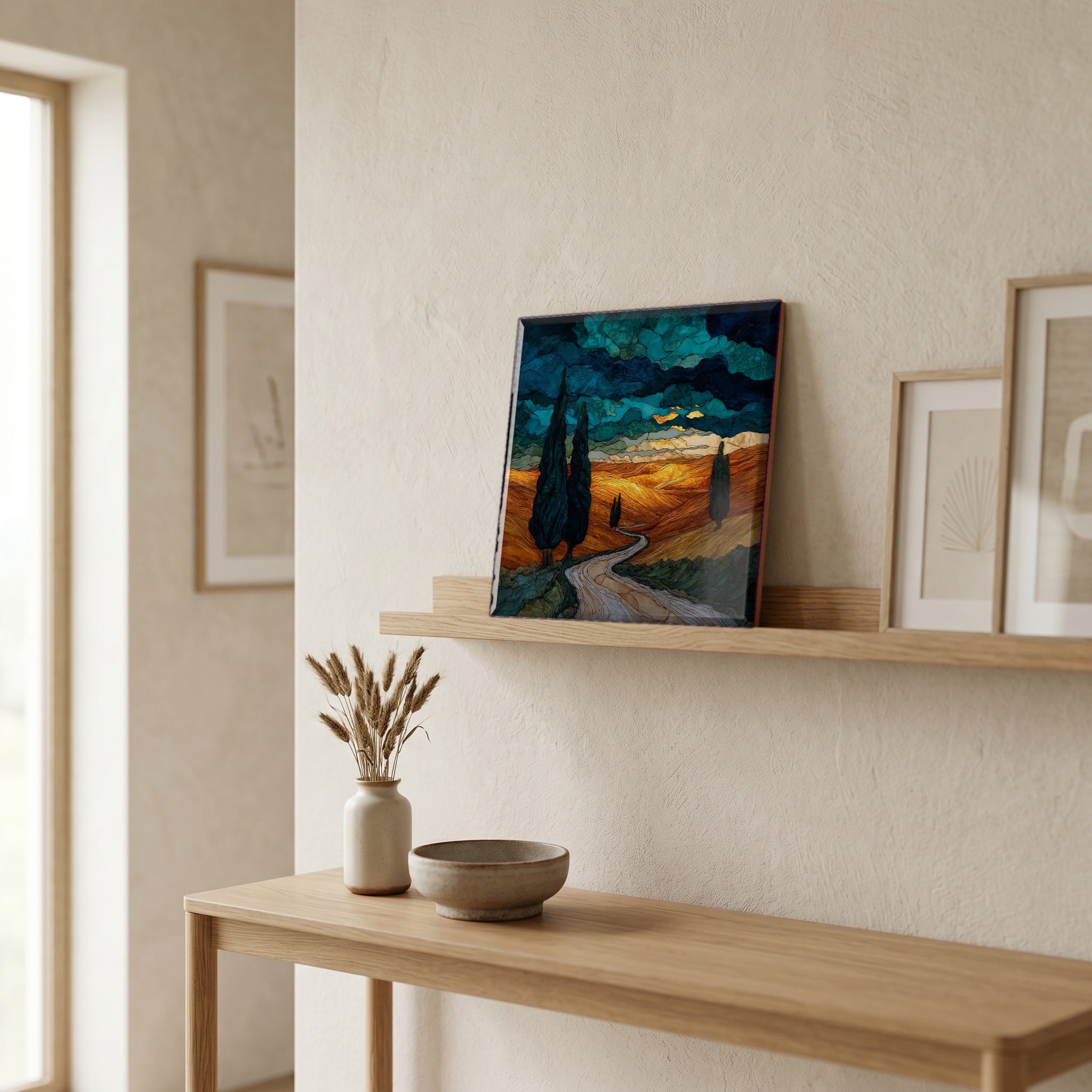 On a picture ledge, where the light comes in.