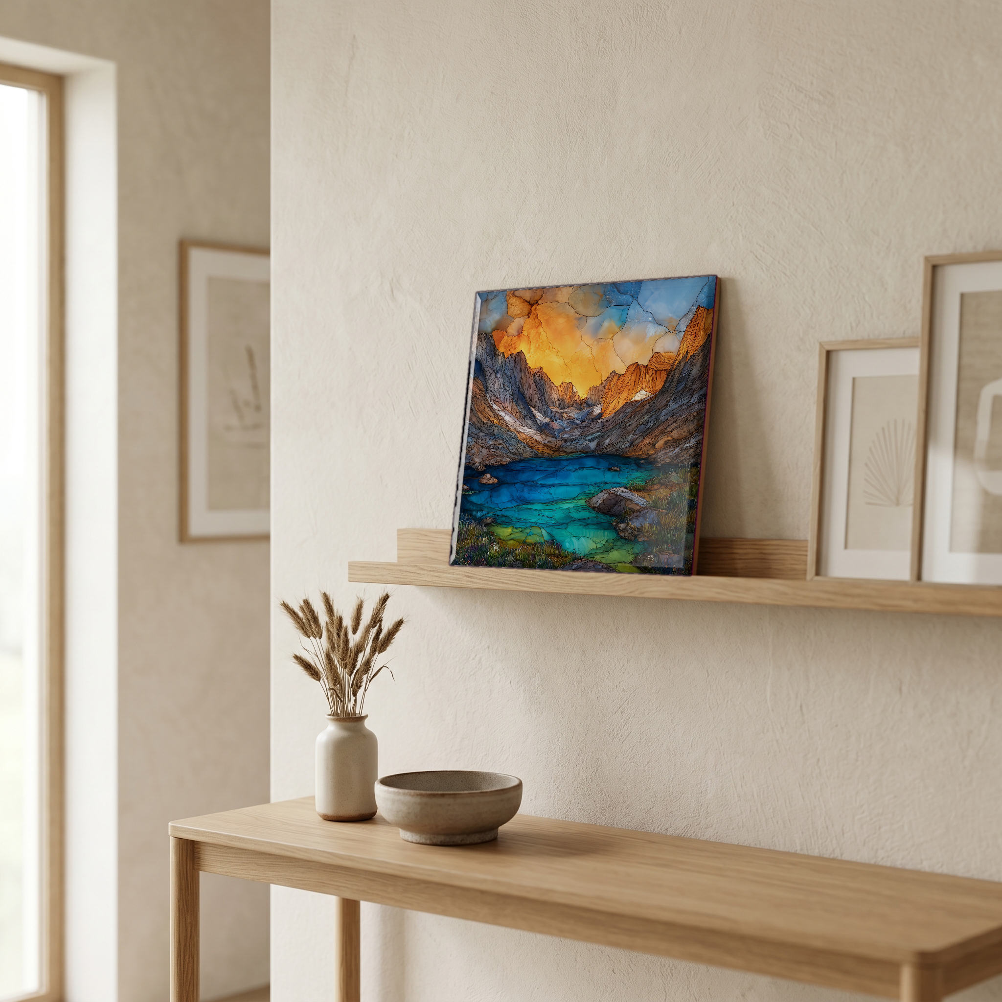On a picture ledge, where the light comes in.