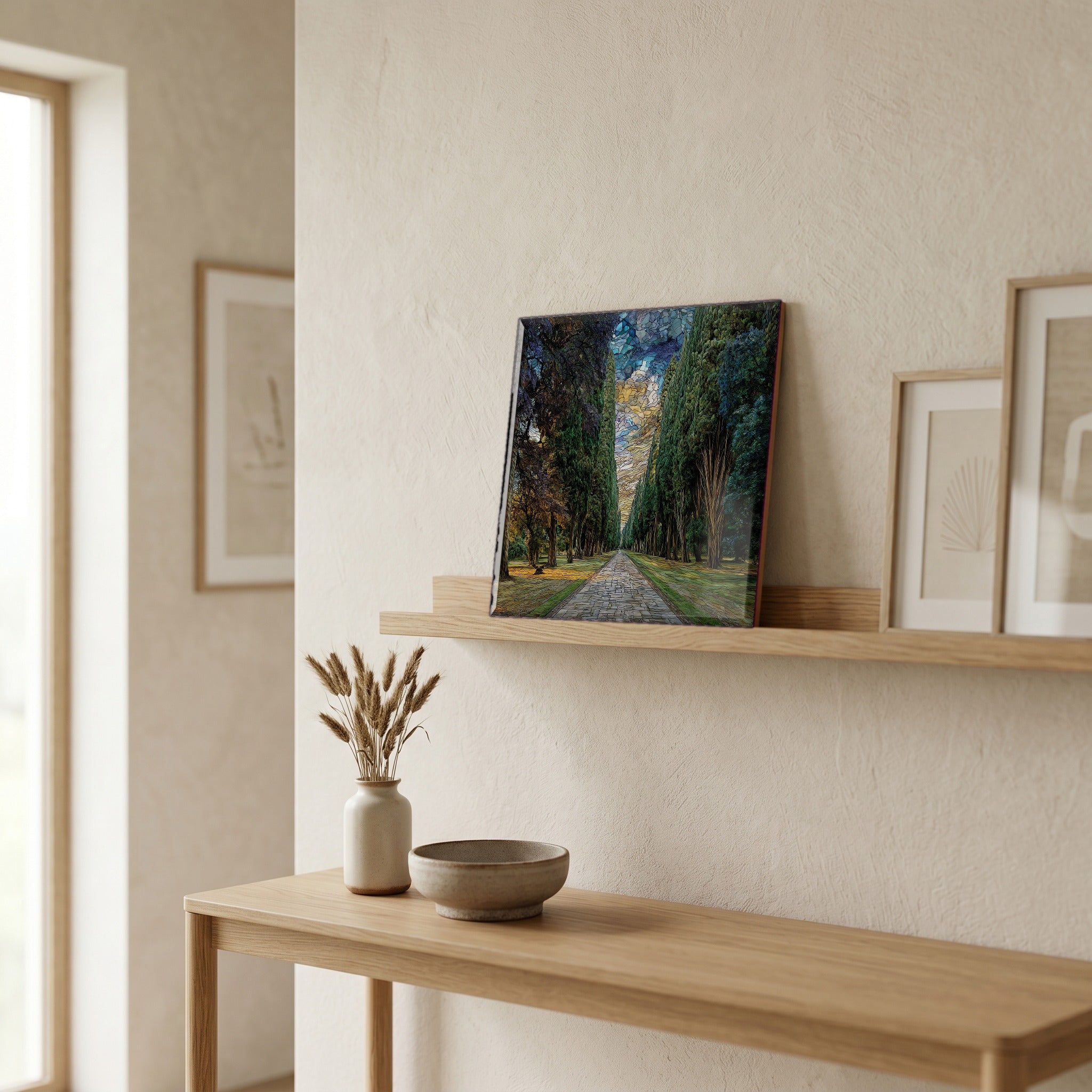 On a picture ledge, where the light comes in.