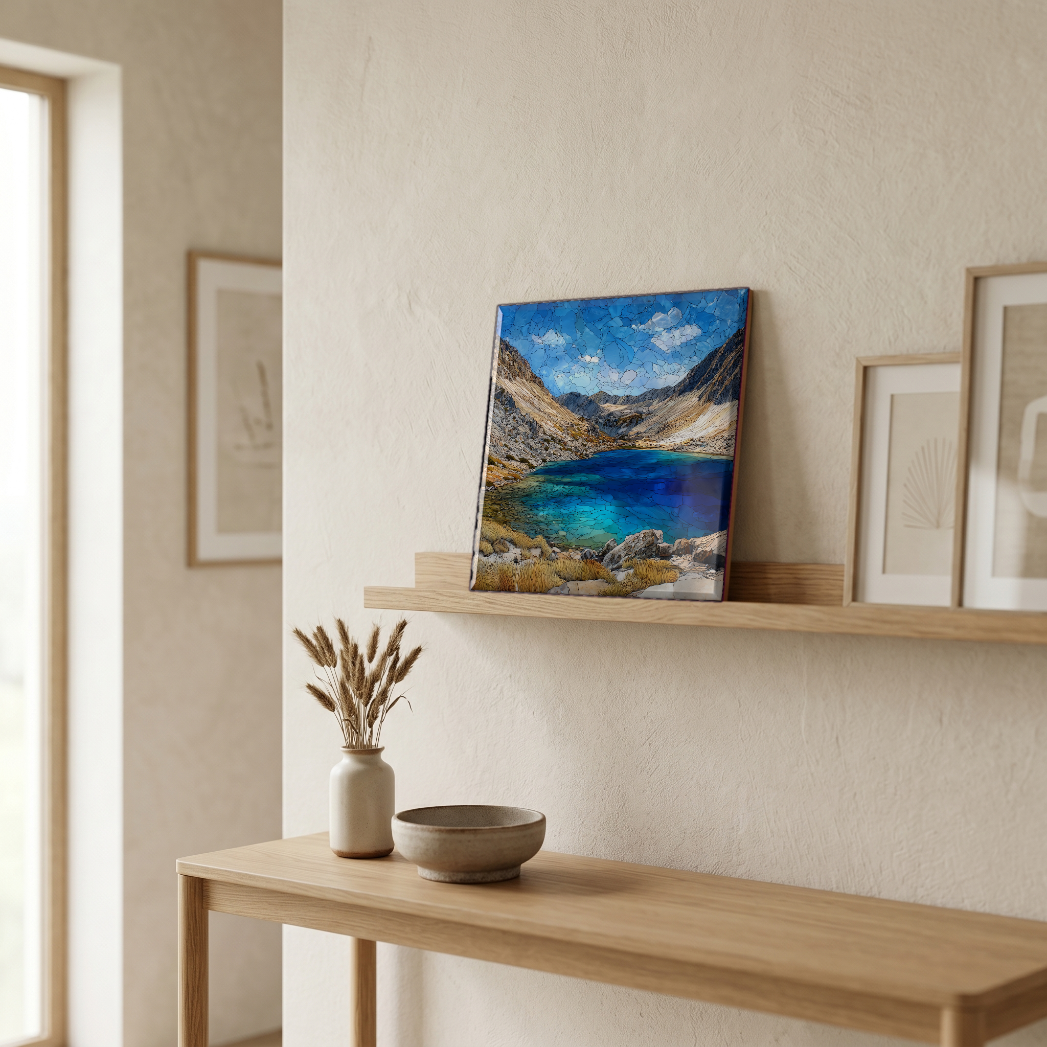 On a picture ledge, where the light comes in.