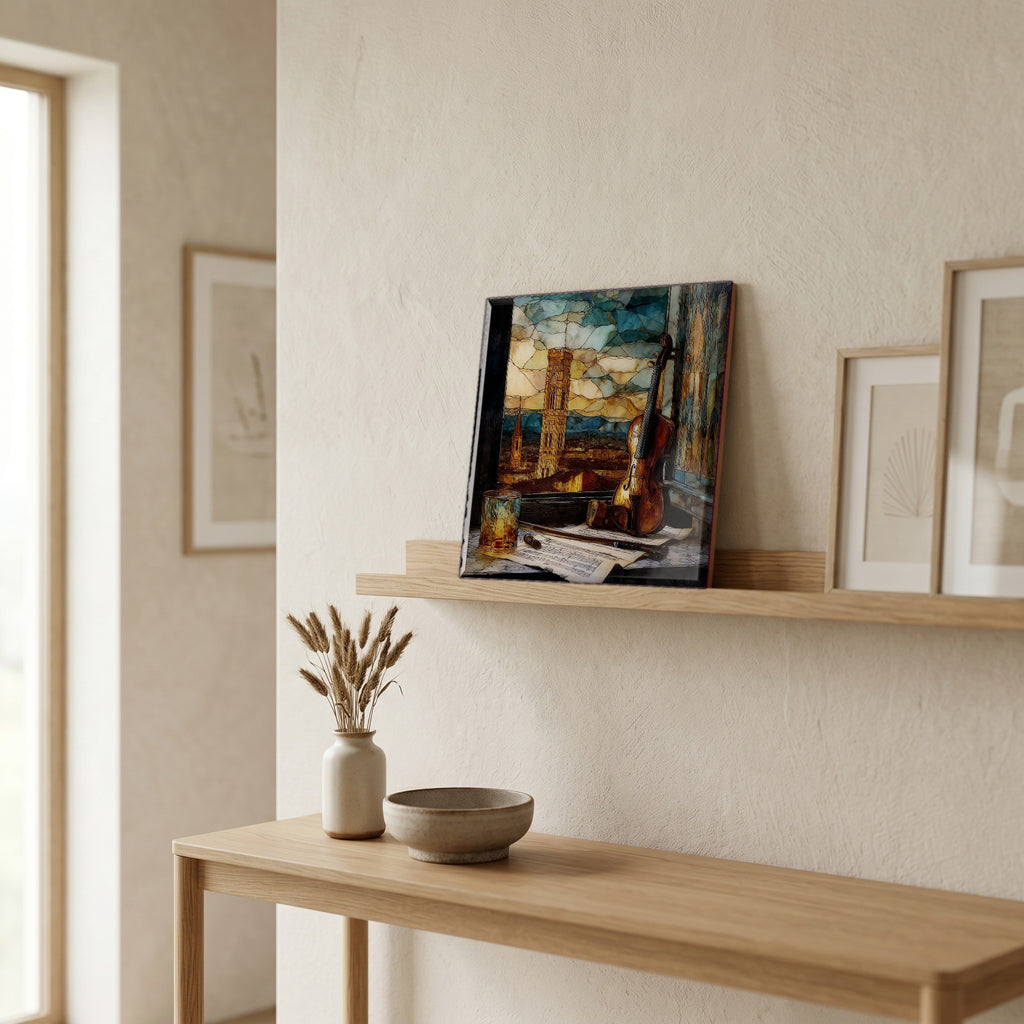 On a picture ledge, where the light comes in.
