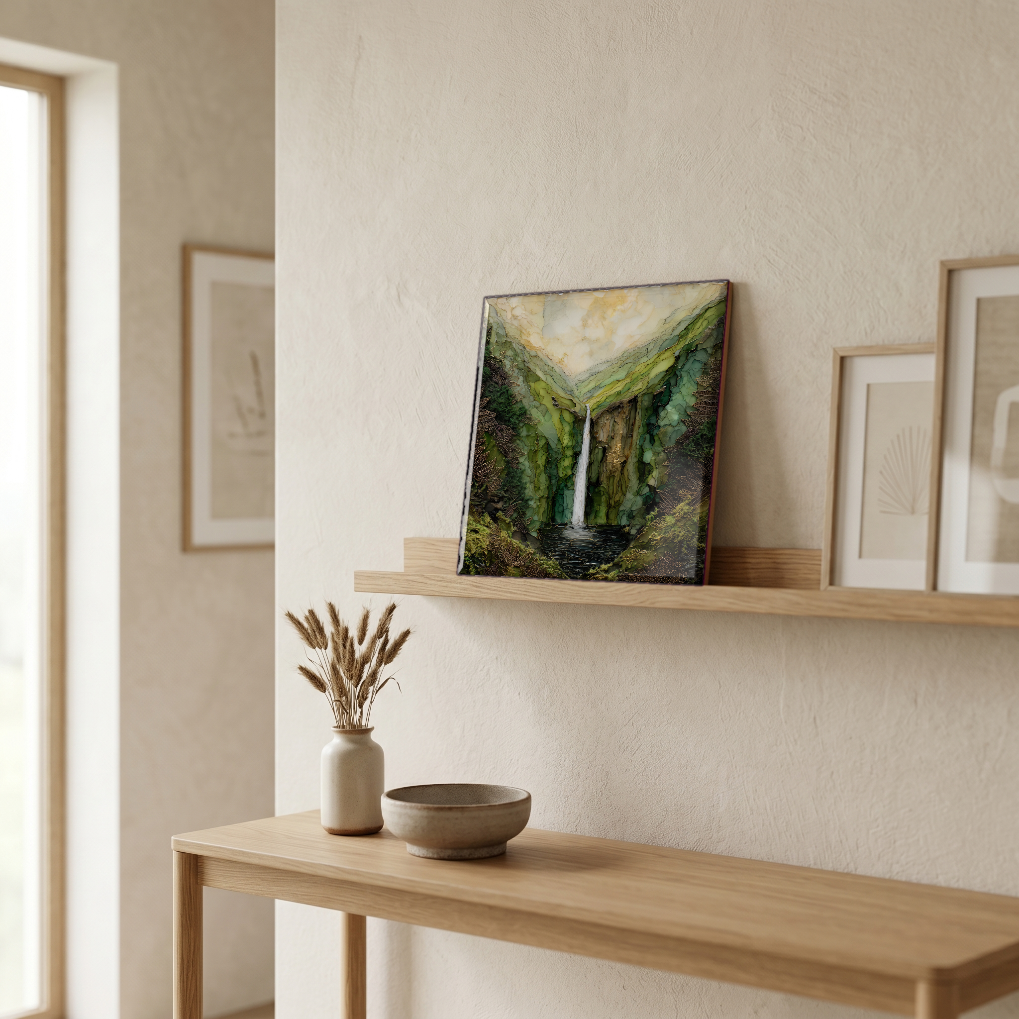 On a picture ledge, where the light comes in.