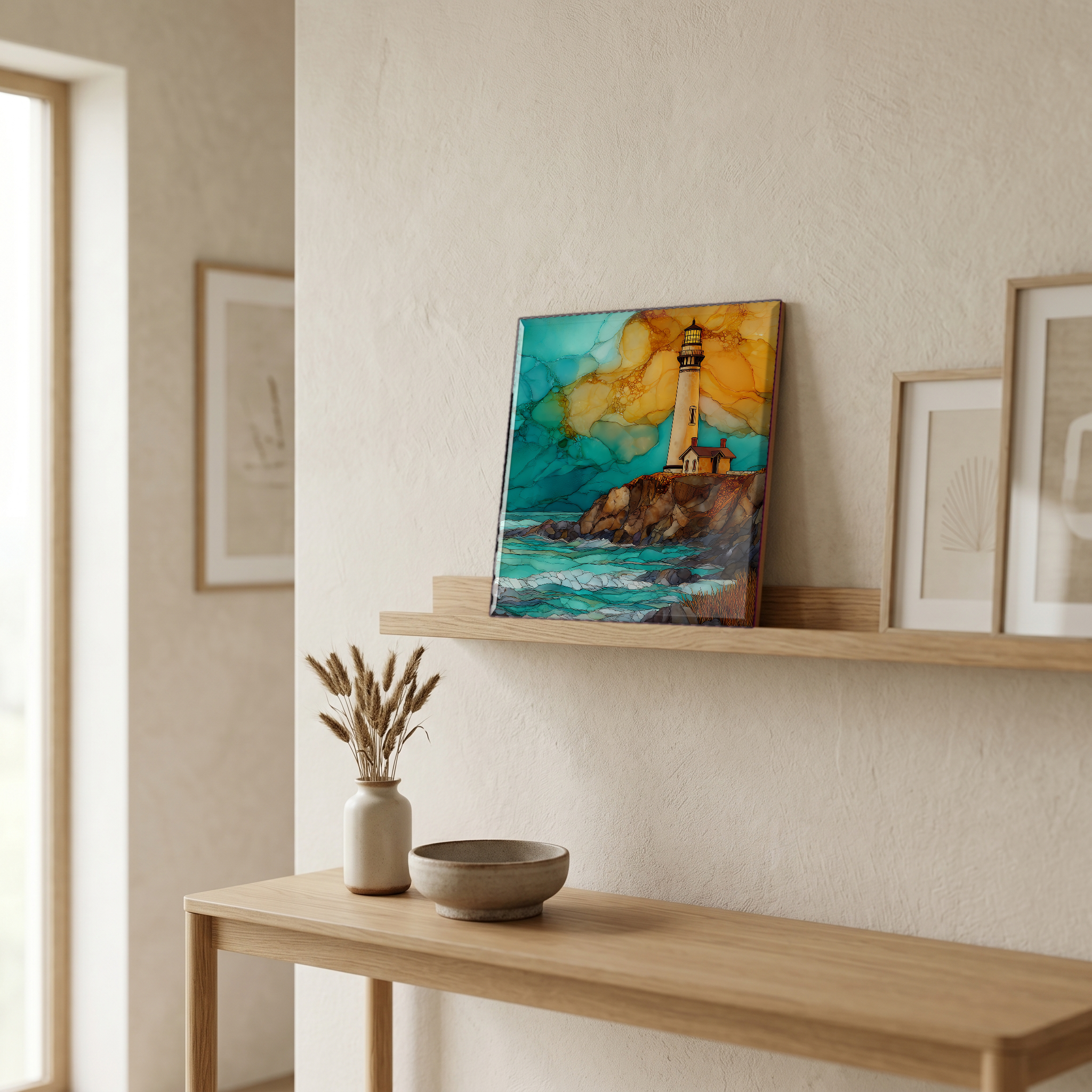 On a picture ledge, where the light comes in.