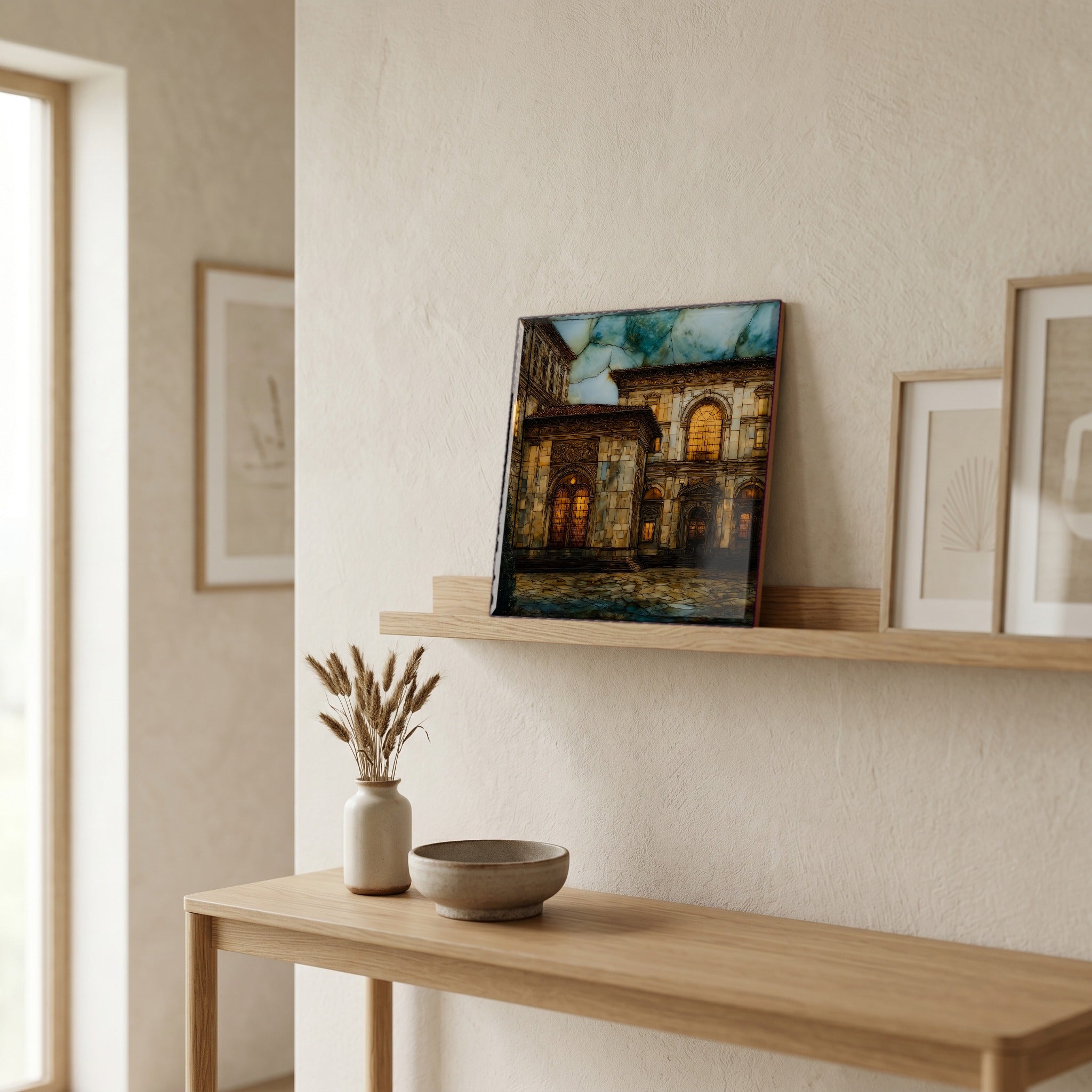 On a picture ledge, where the light comes in.