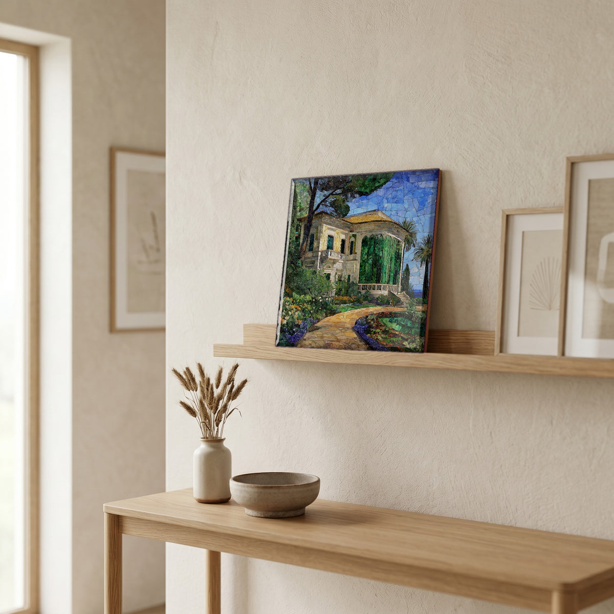 On a picture ledge, where the light comes in.
