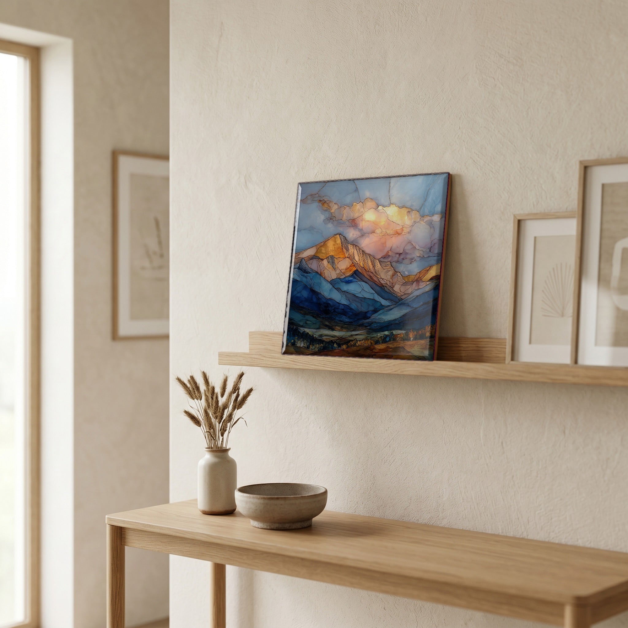 On a picture ledge, where the light comes in.