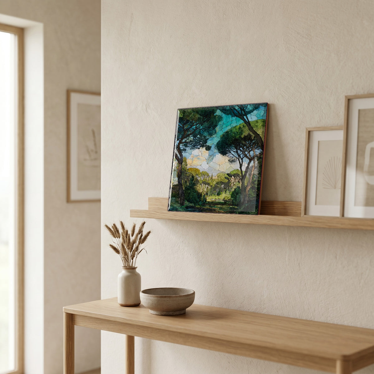 On a picture ledge, where the light comes in.