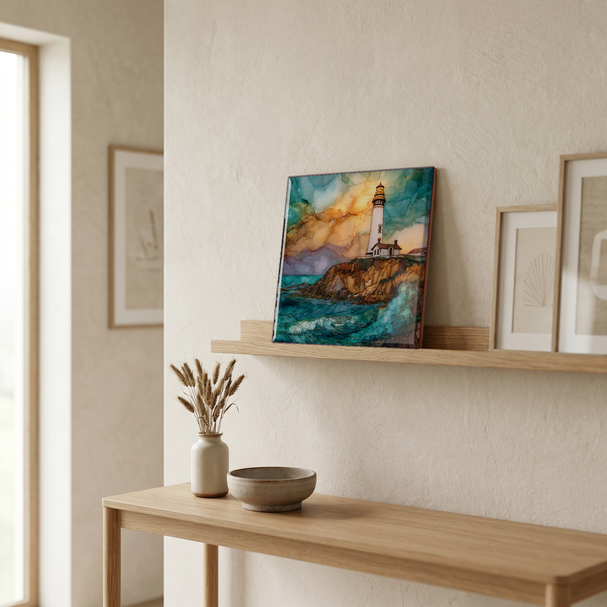 On a picture ledge, where the light comes in.