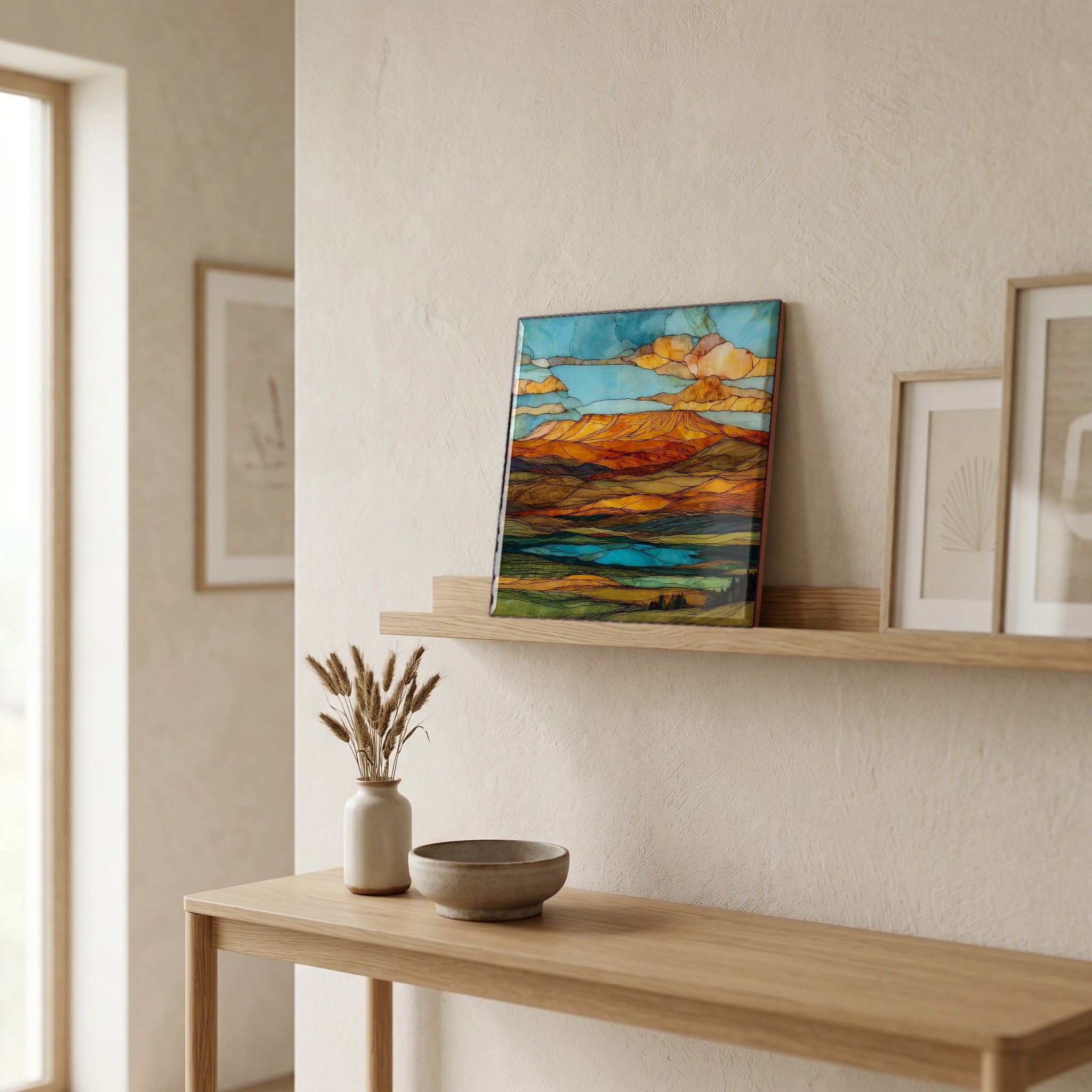 On a picture ledge, where the light comes in.