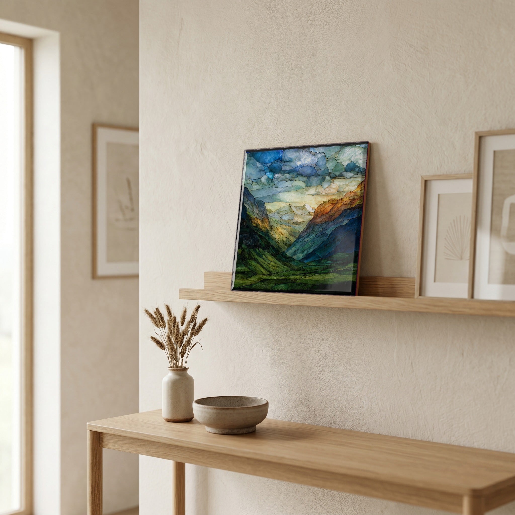 On a picture ledge, where the light comes in.