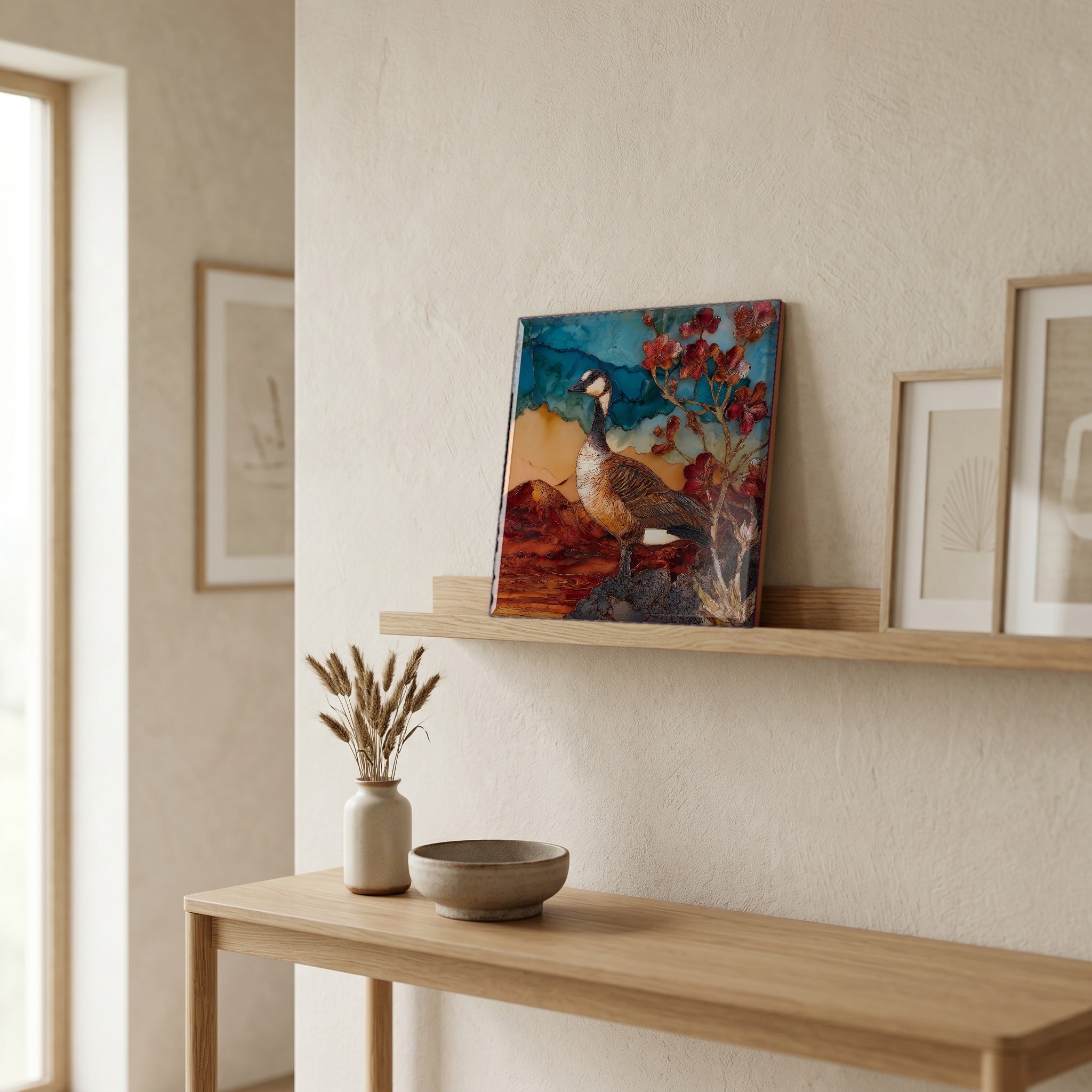 On a picture ledge, where the light comes in.