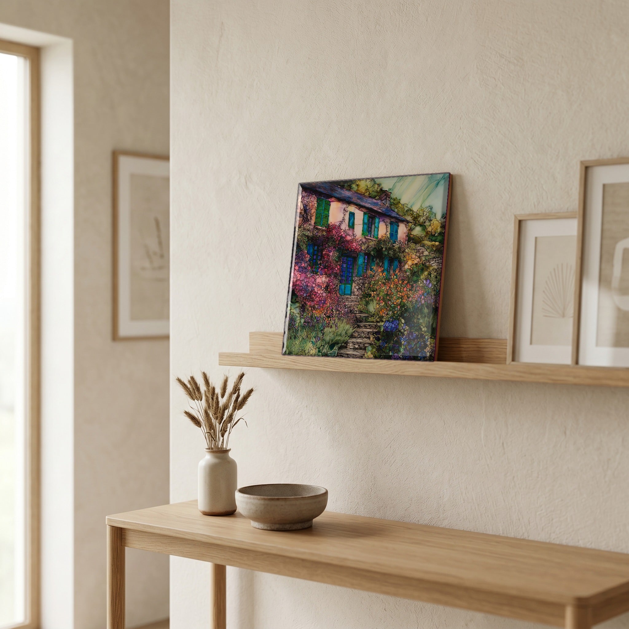 On a picture ledge, where the light comes in.