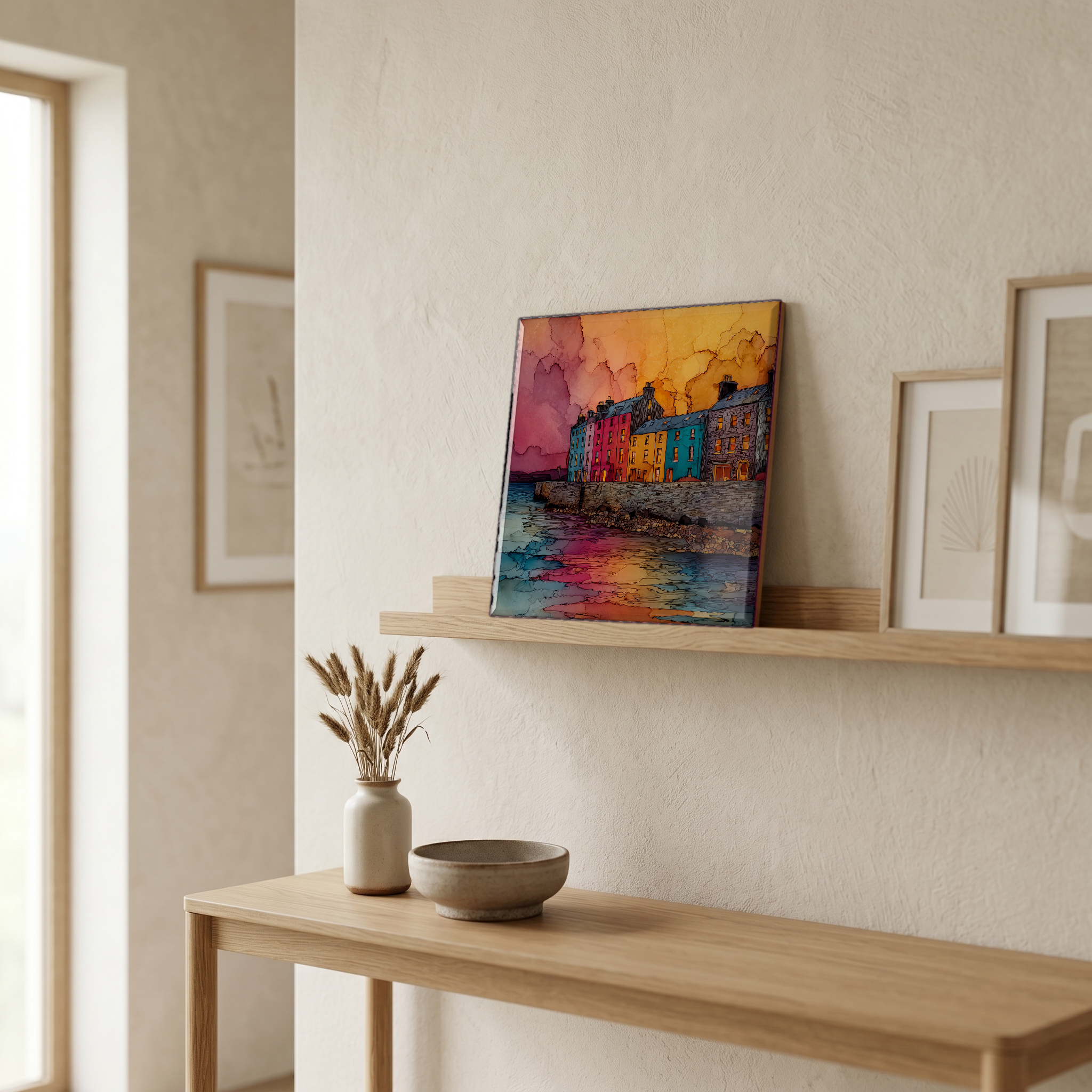 On a picture ledge, where the light comes in.