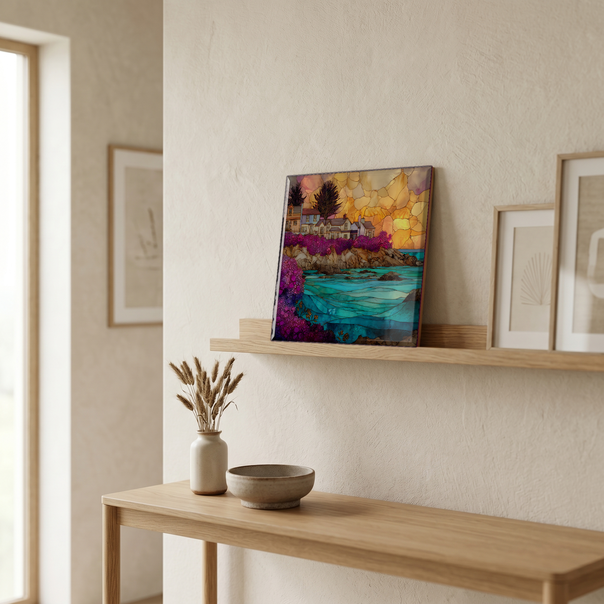 On a picture ledge, where the light comes in.