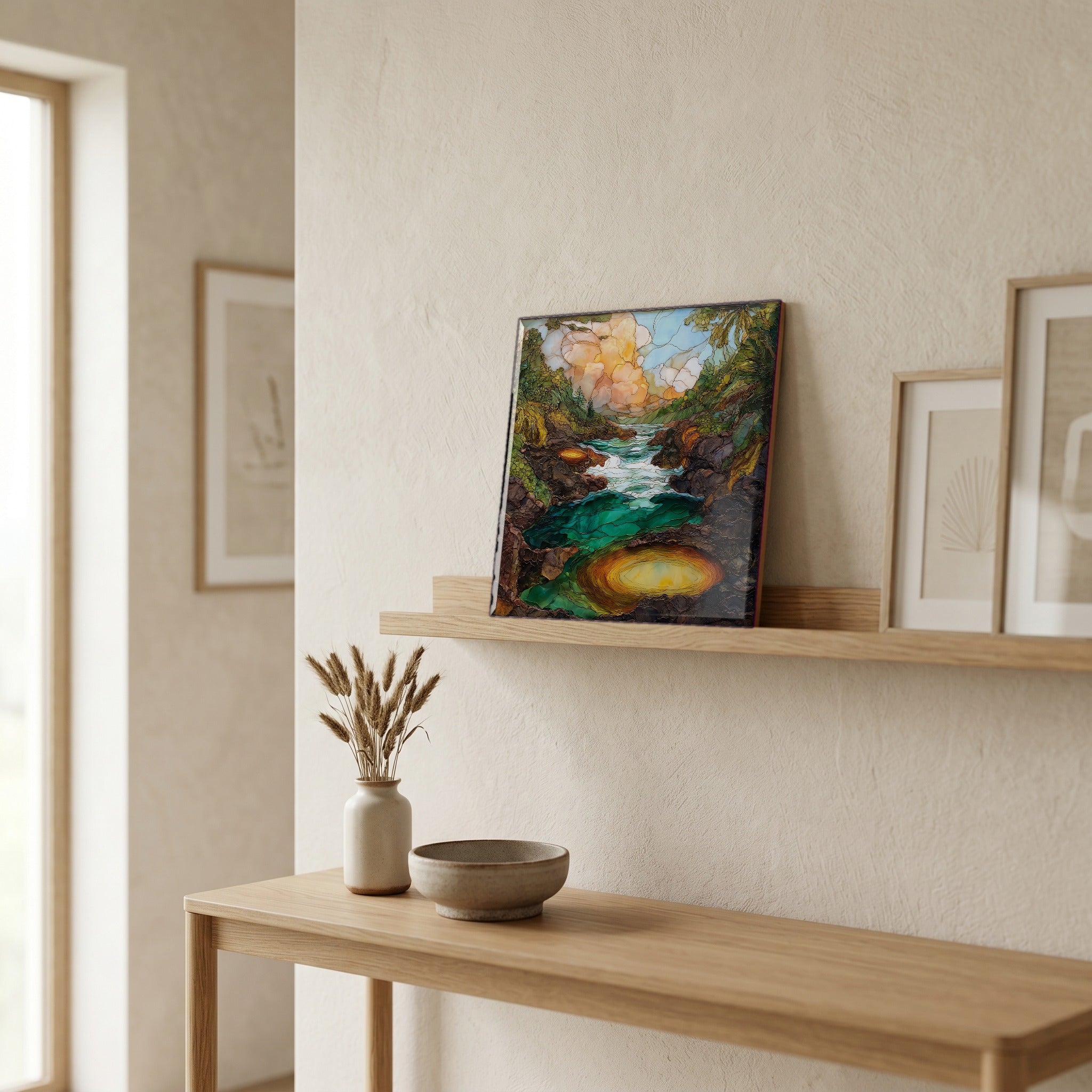 On a picture ledge, where the light comes in.