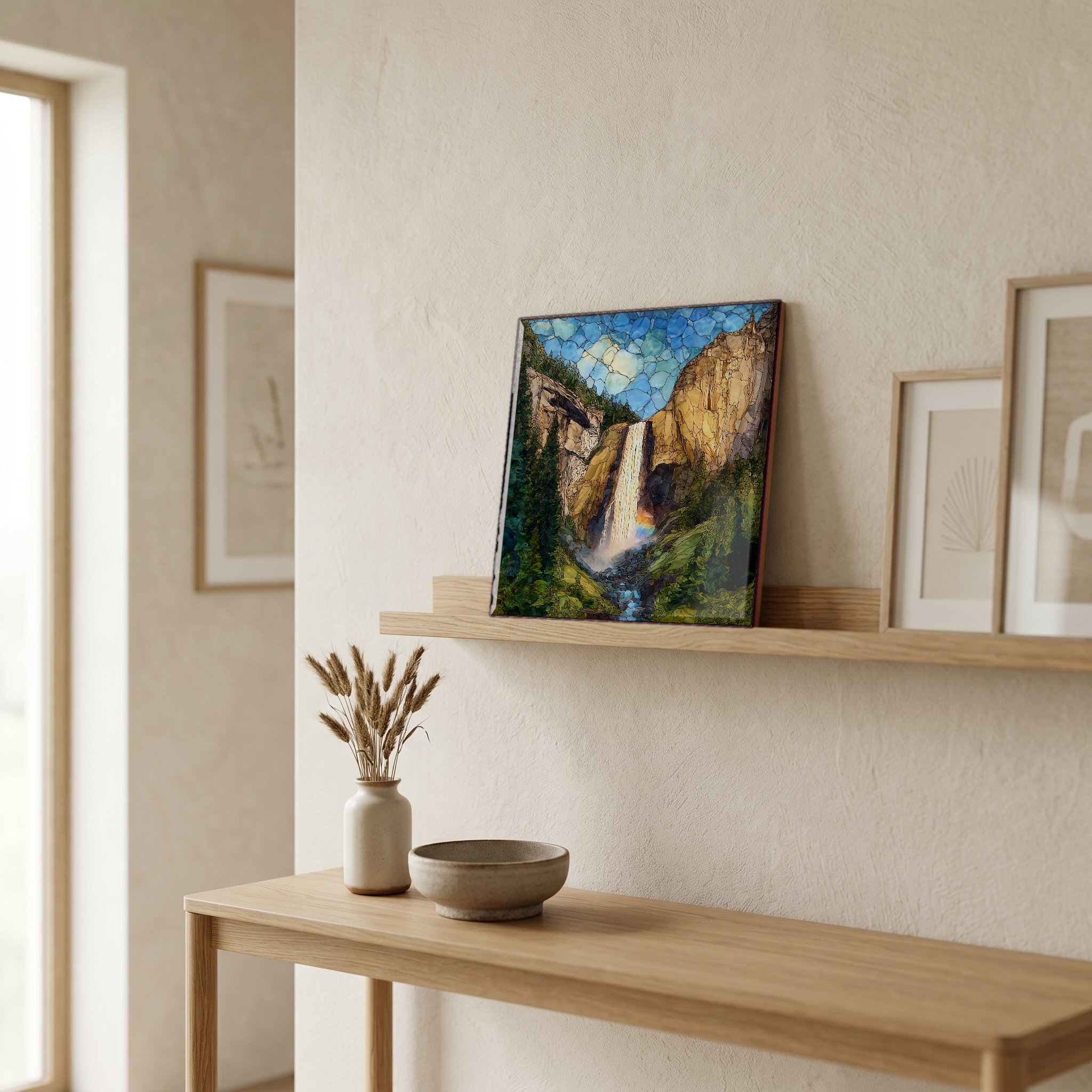 On a picture ledge, where the light comes in.
