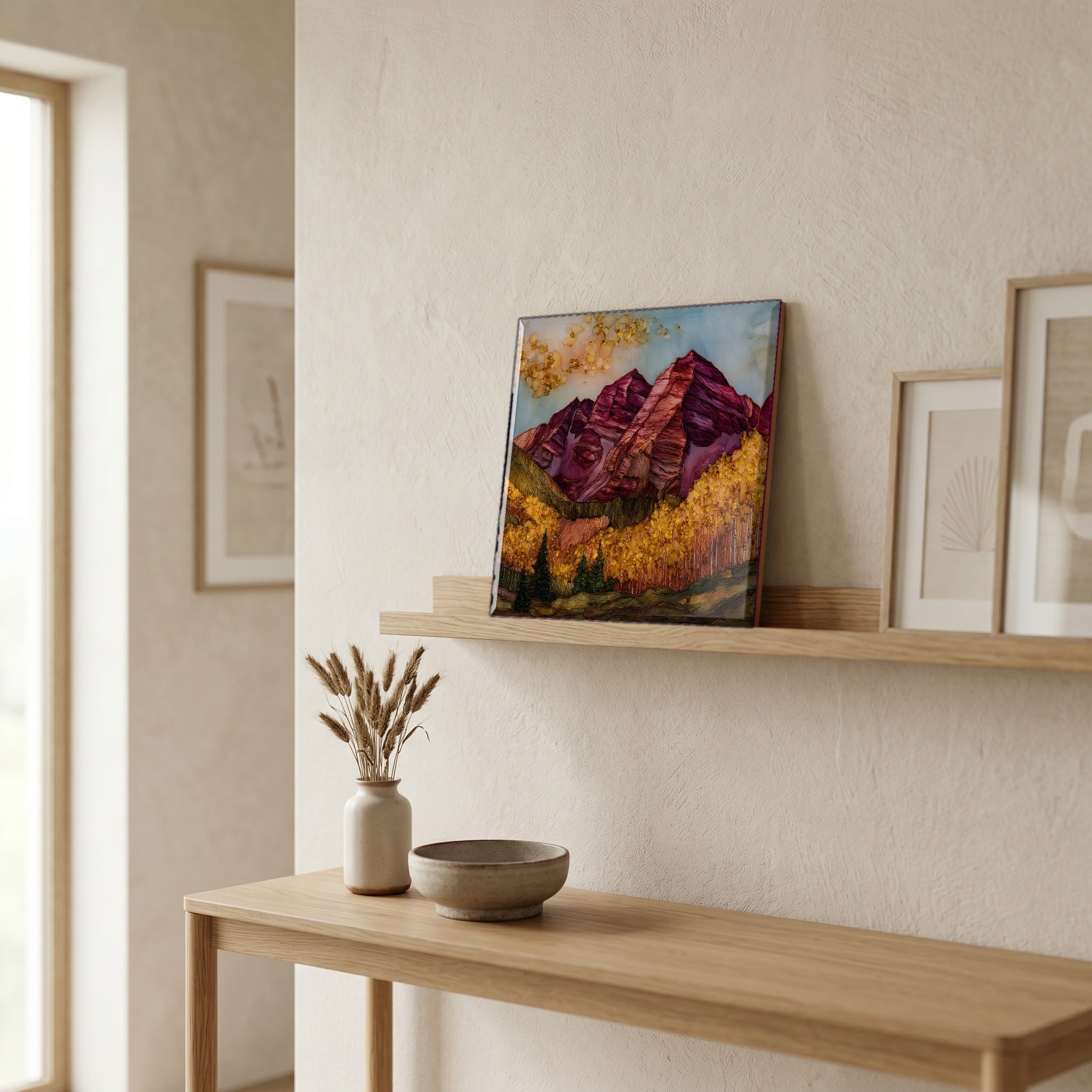 On a picture ledge, where the light comes in.