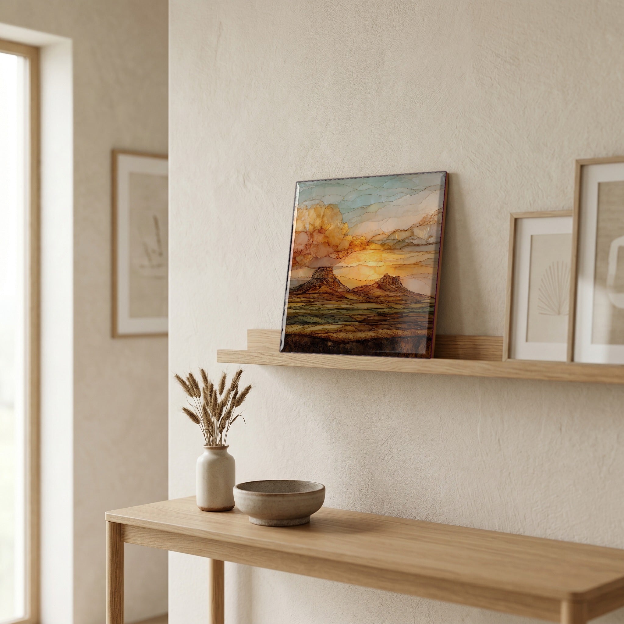 On a picture ledge, where the light comes in.