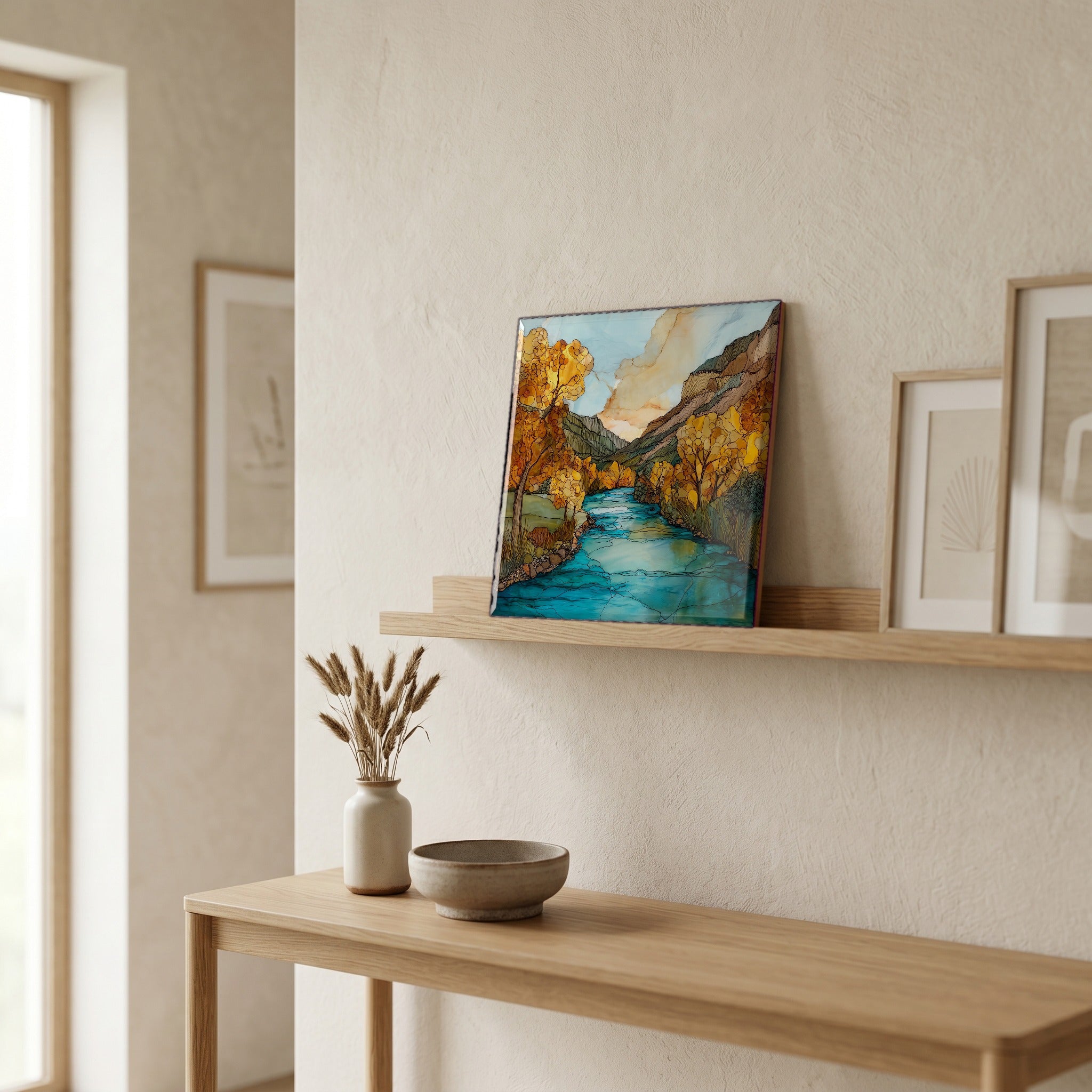On a picture ledge, where the light comes in.
