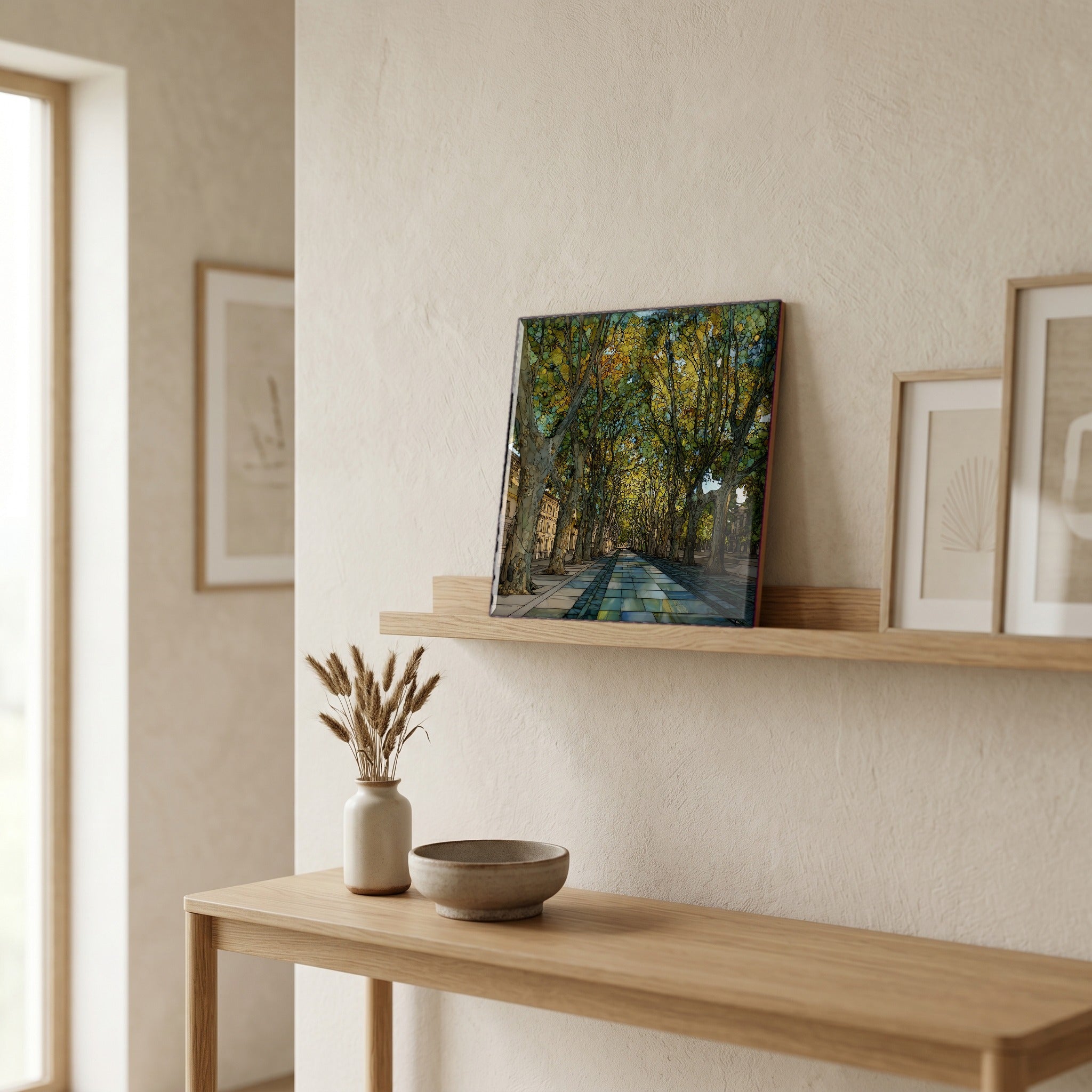 On a picture ledge, where the light comes in.