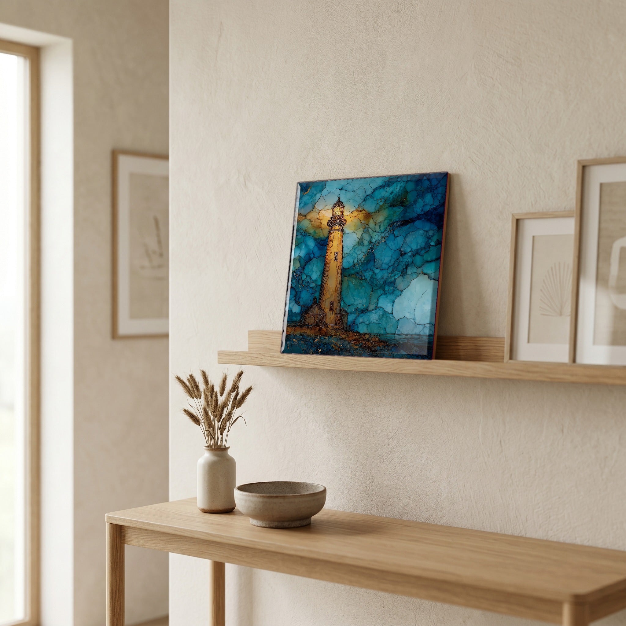 On a picture ledge, where the light comes in.