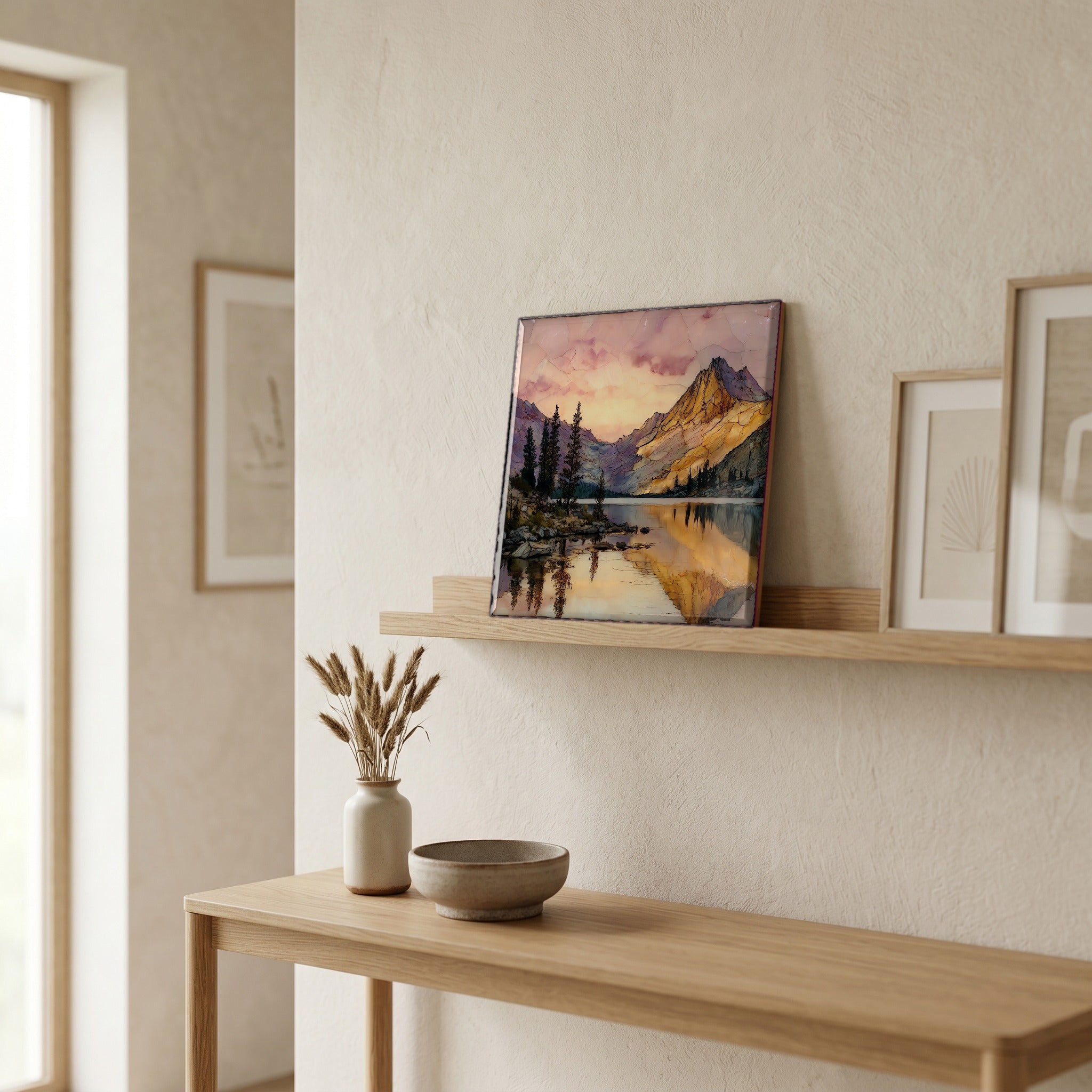On a picture ledge, where the light comes in.