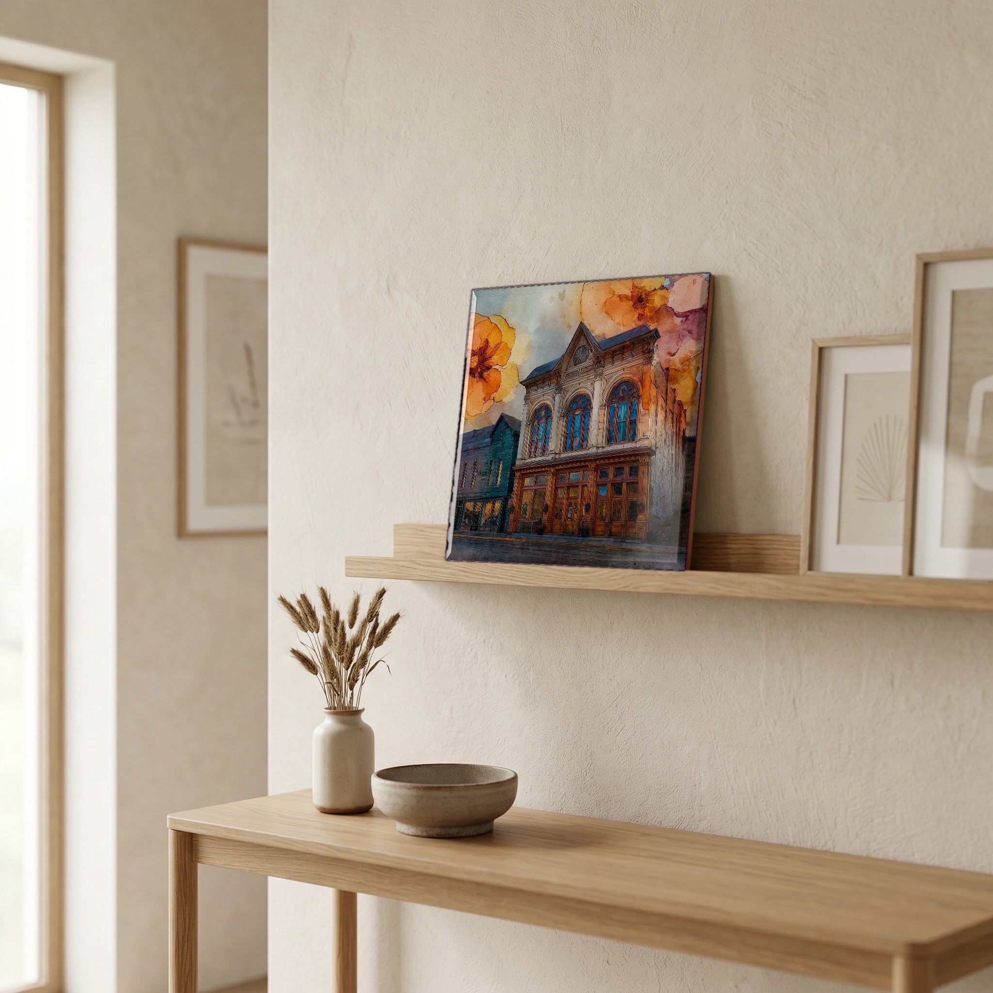 On a picture ledge, where the light comes in.