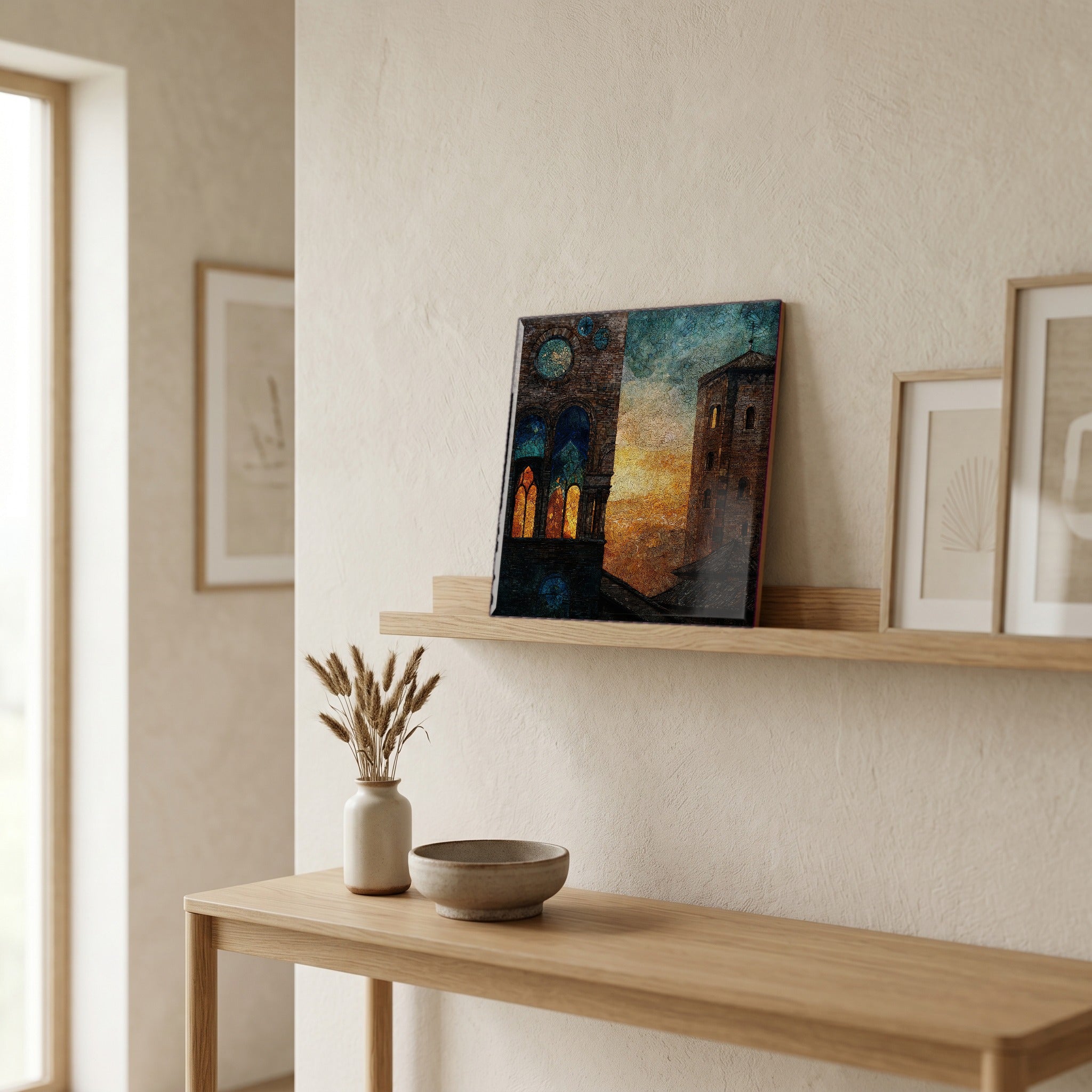 On a picture ledge, where the light comes in.