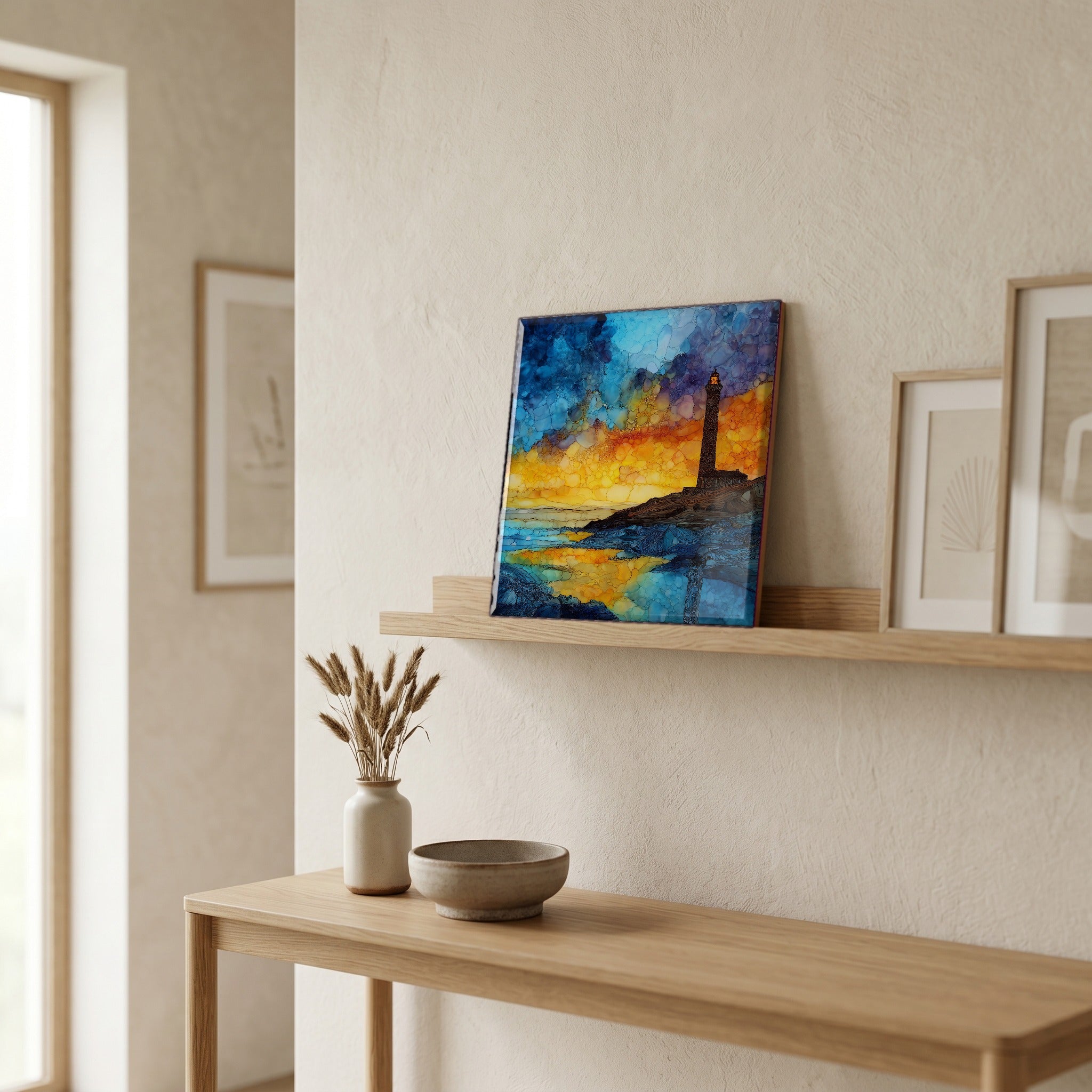 On a picture ledge, where the light comes in.