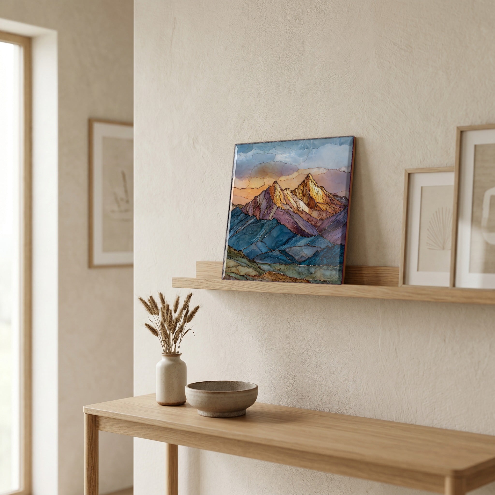 On a picture ledge, where the light comes in.