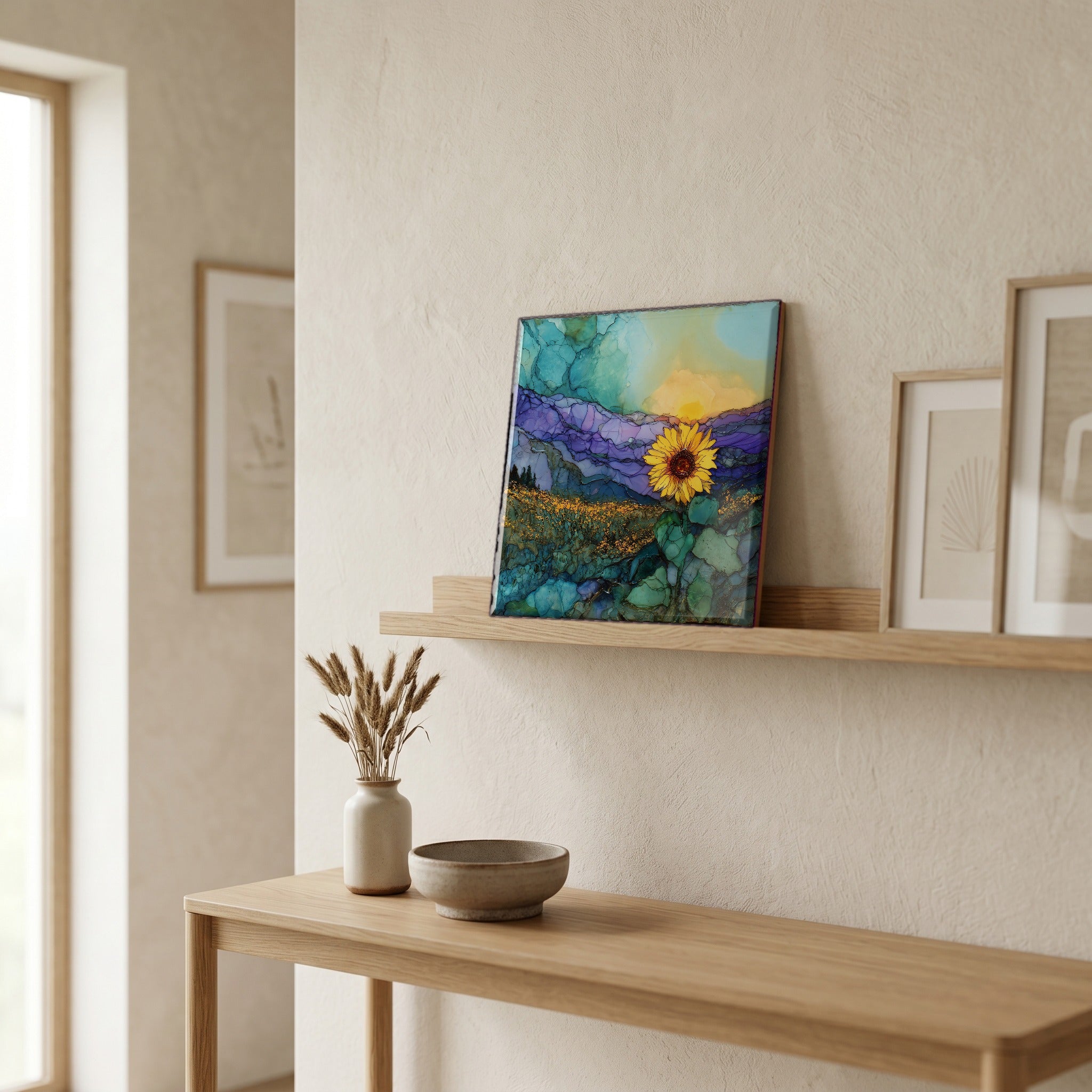 On a picture ledge, where the light comes in.