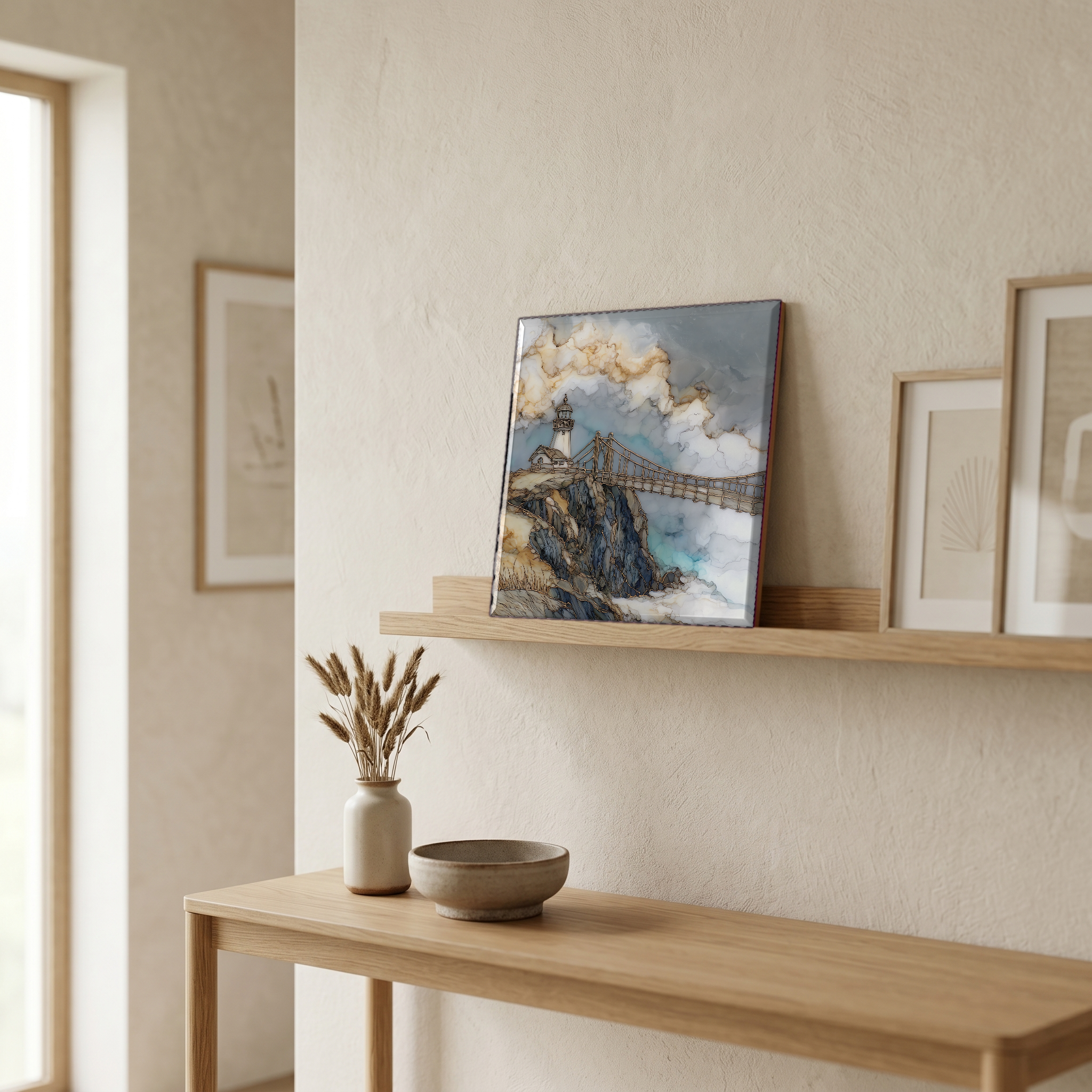 On a picture ledge, where the light comes in.