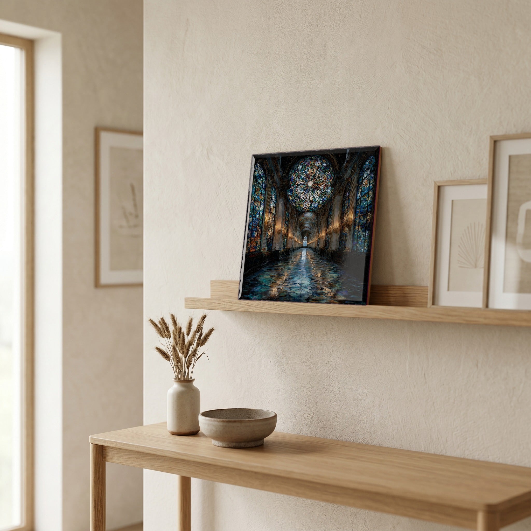 On a picture ledge, where the light comes in.