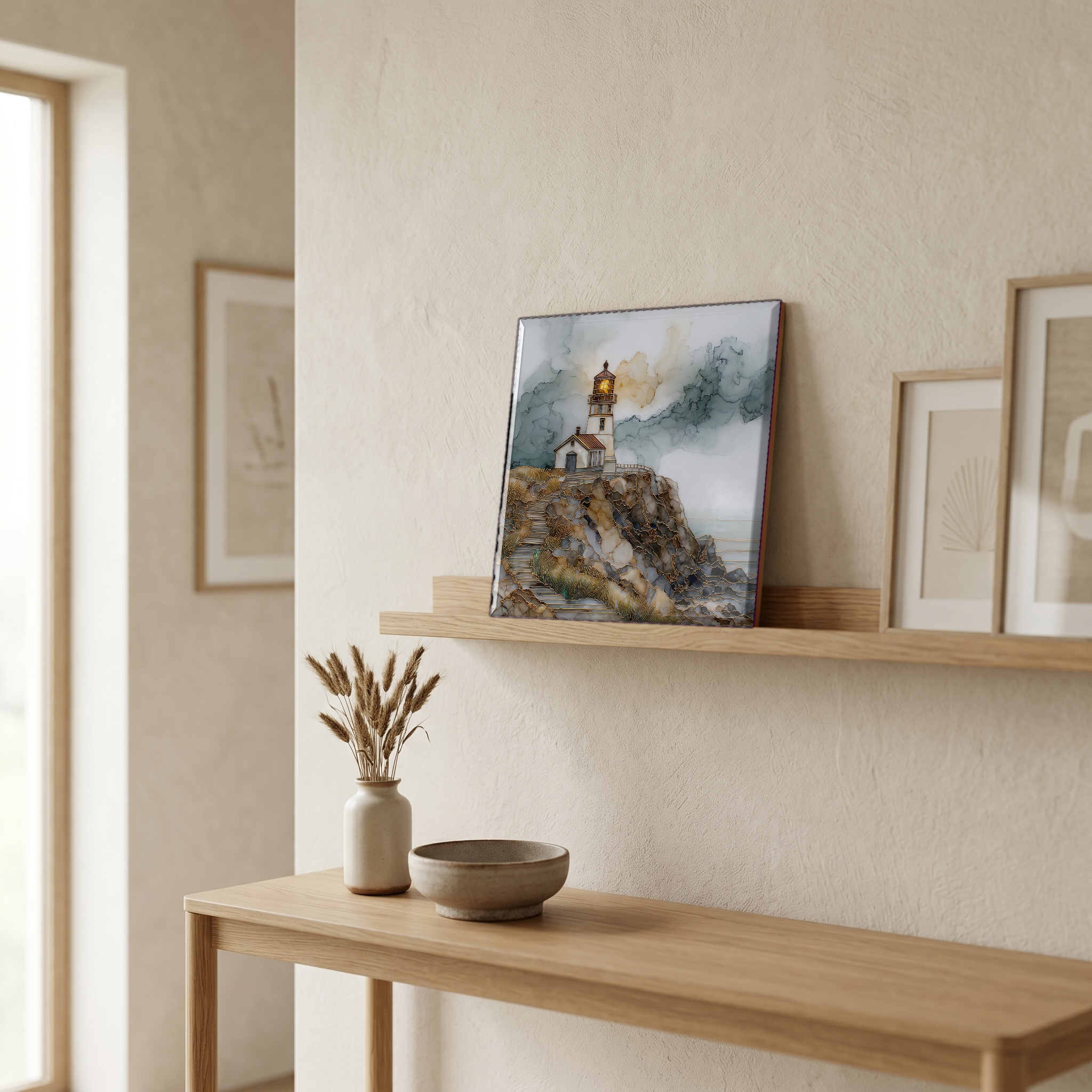 On a picture ledge, where the light comes in.