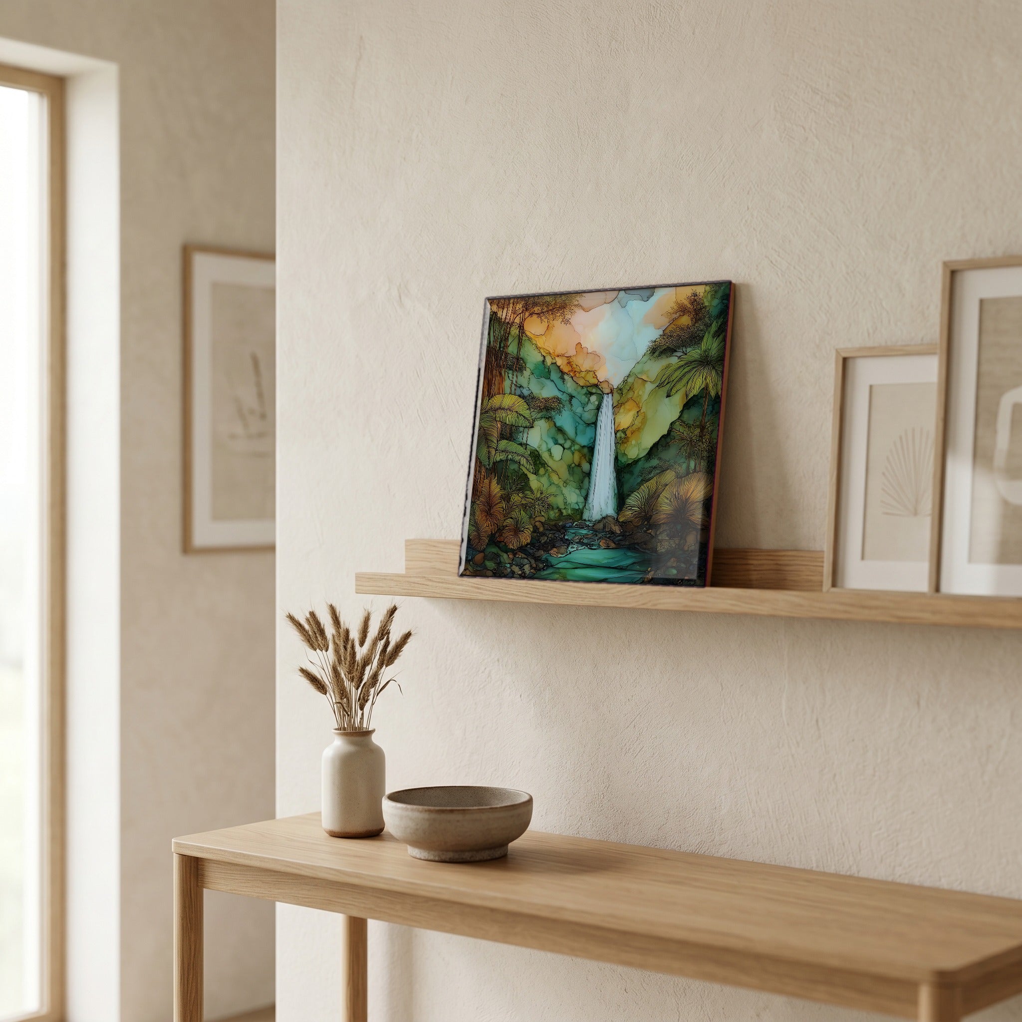 On a picture ledge, where the light comes in.