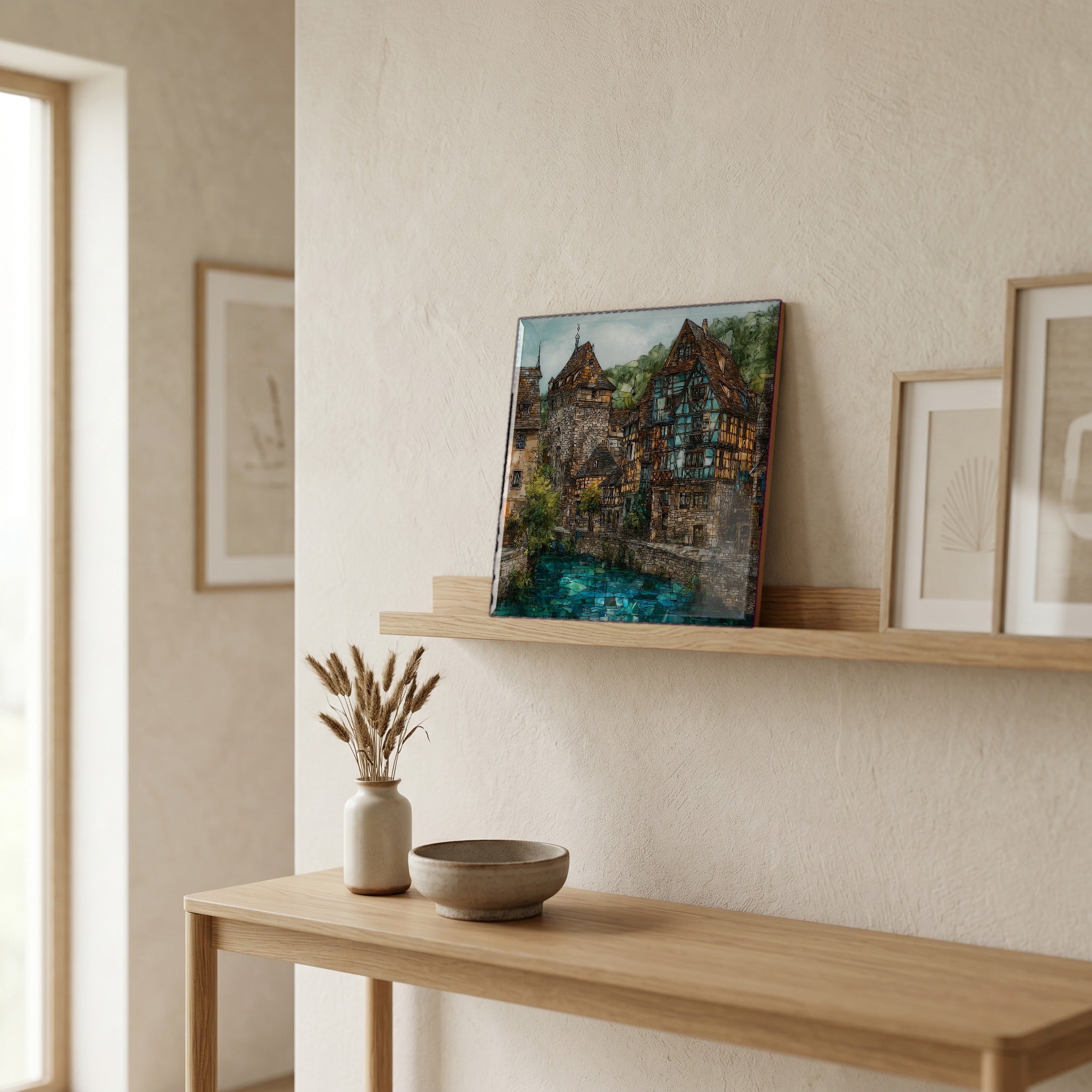 On a picture ledge, where the light comes in.