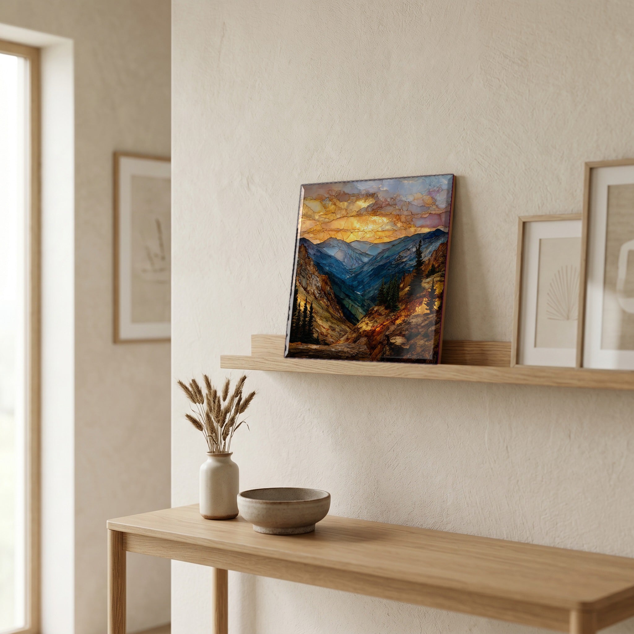 On a picture ledge, where the light comes in.