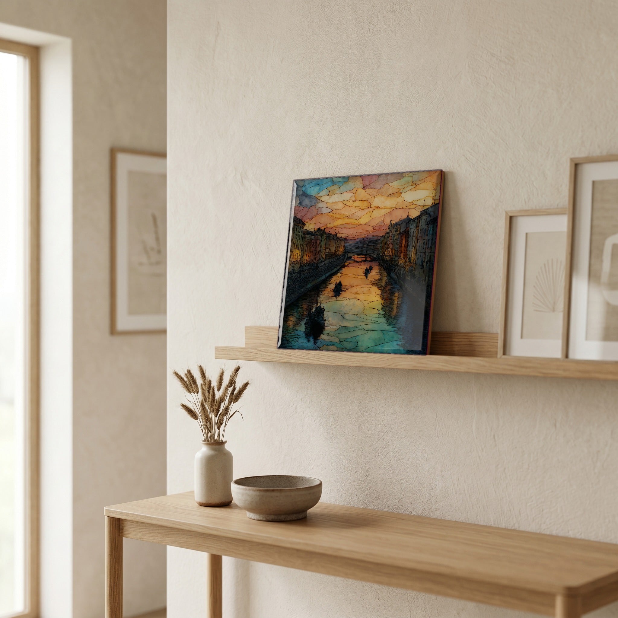 On a picture ledge, where the light comes in.
