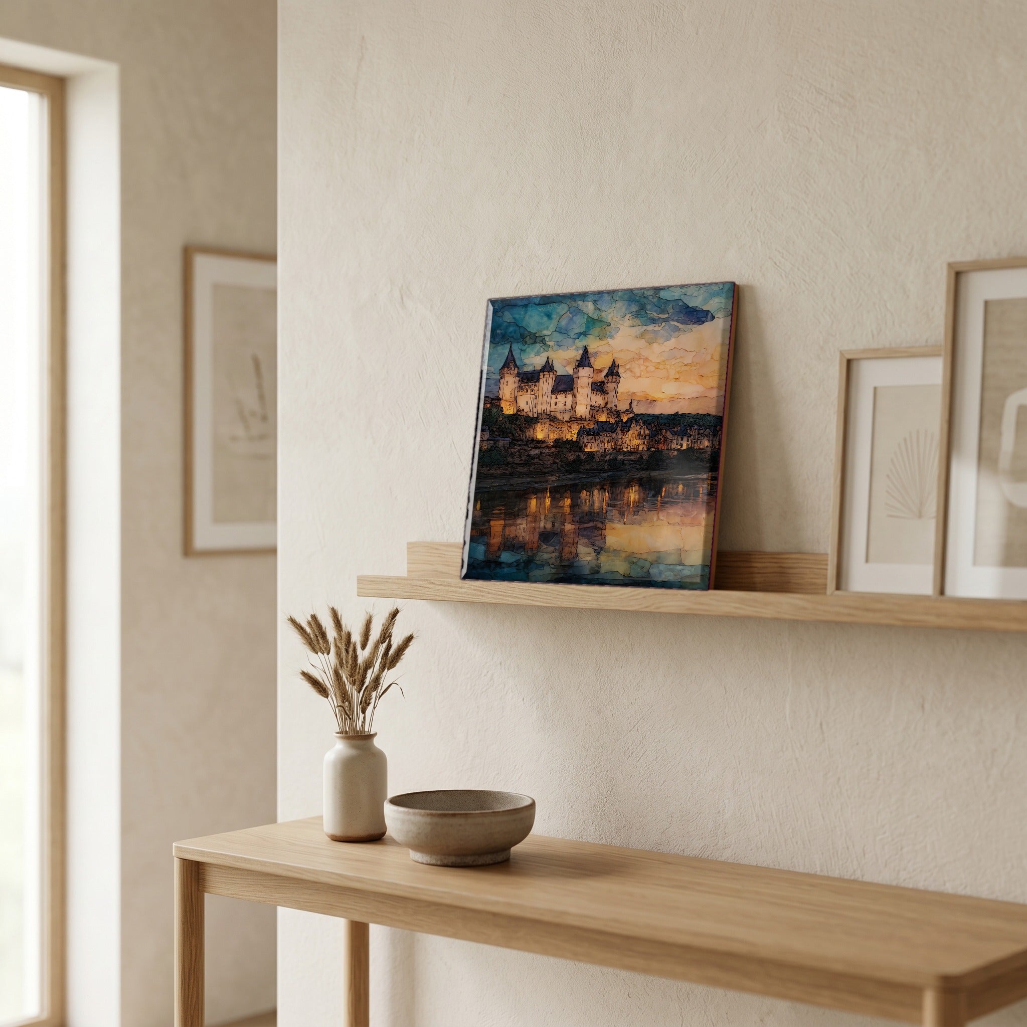 On a picture ledge, where the light comes in.
