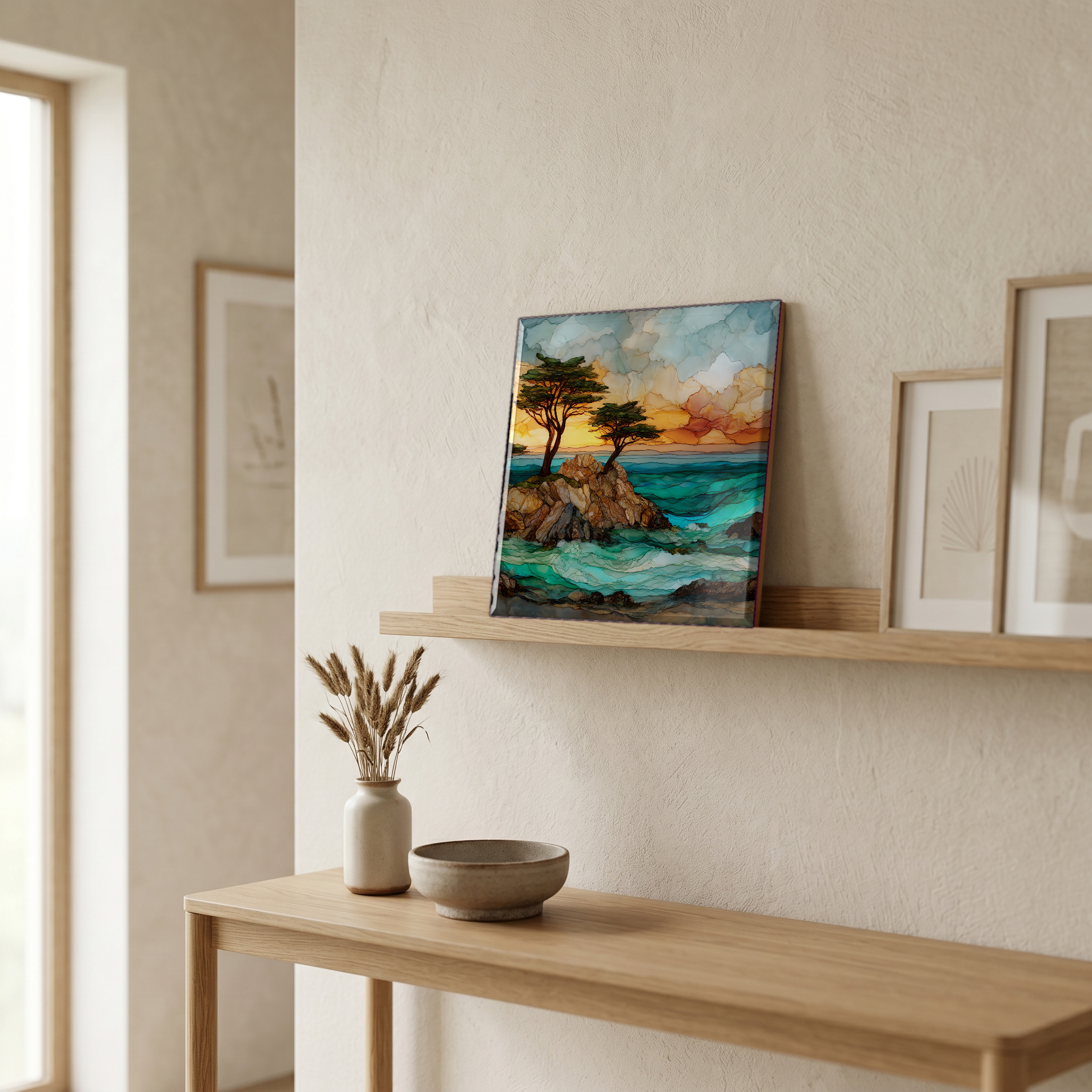 On a picture ledge, where the light comes in.