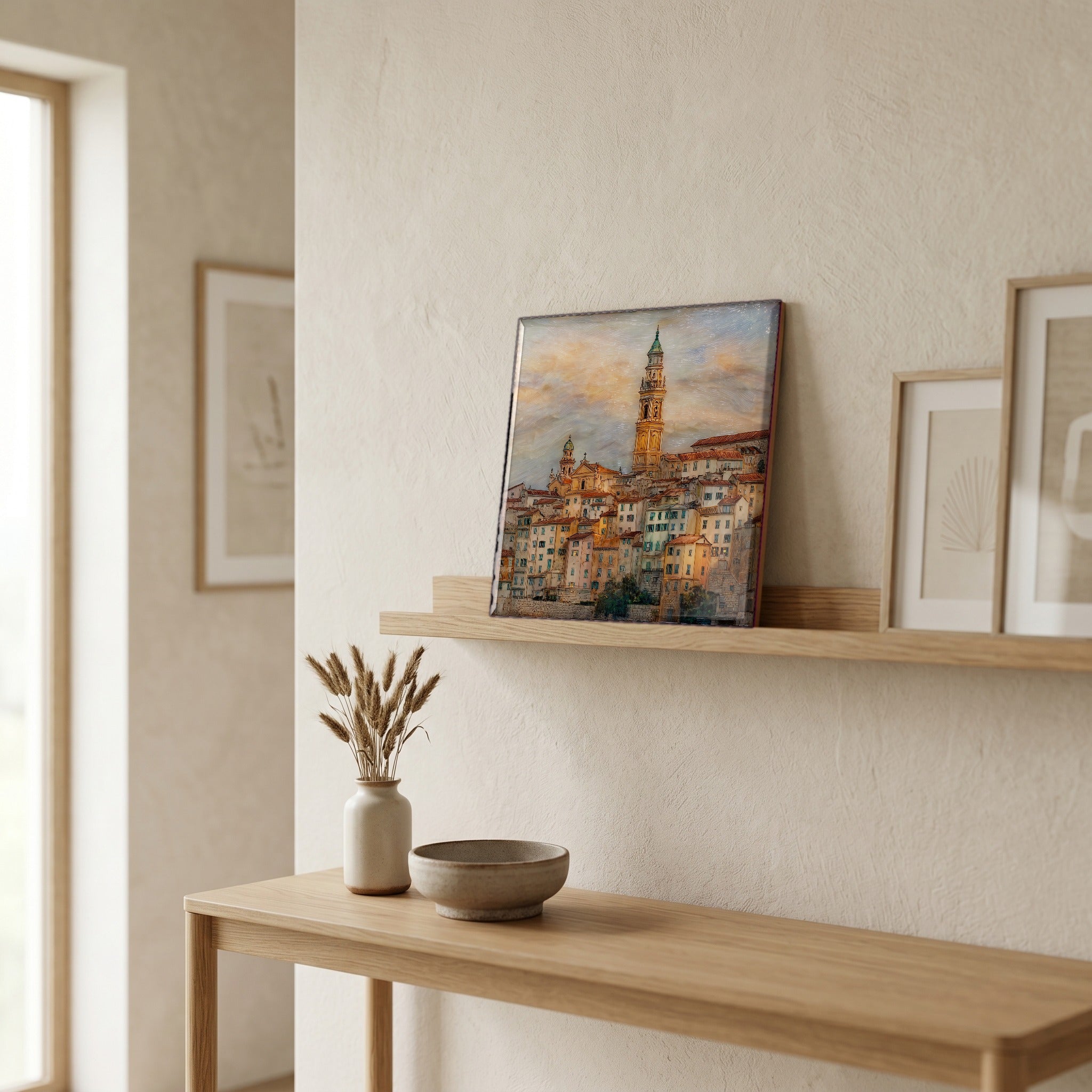 On a picture ledge, where the light comes in.