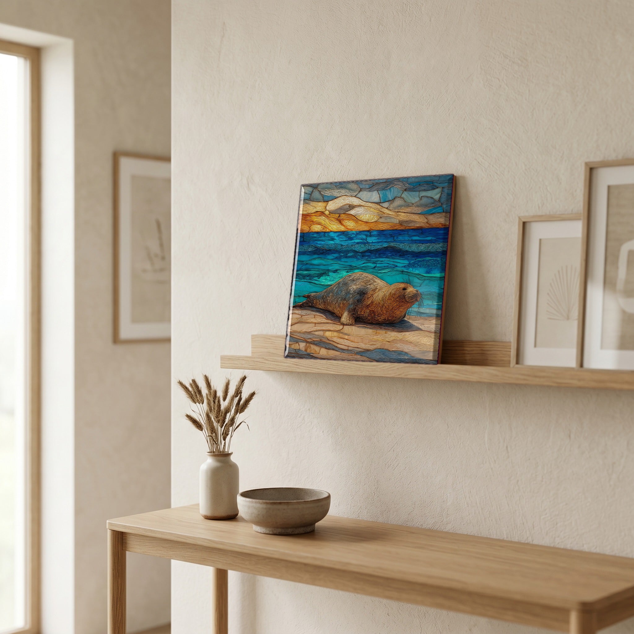 On a picture ledge, where the light comes in.