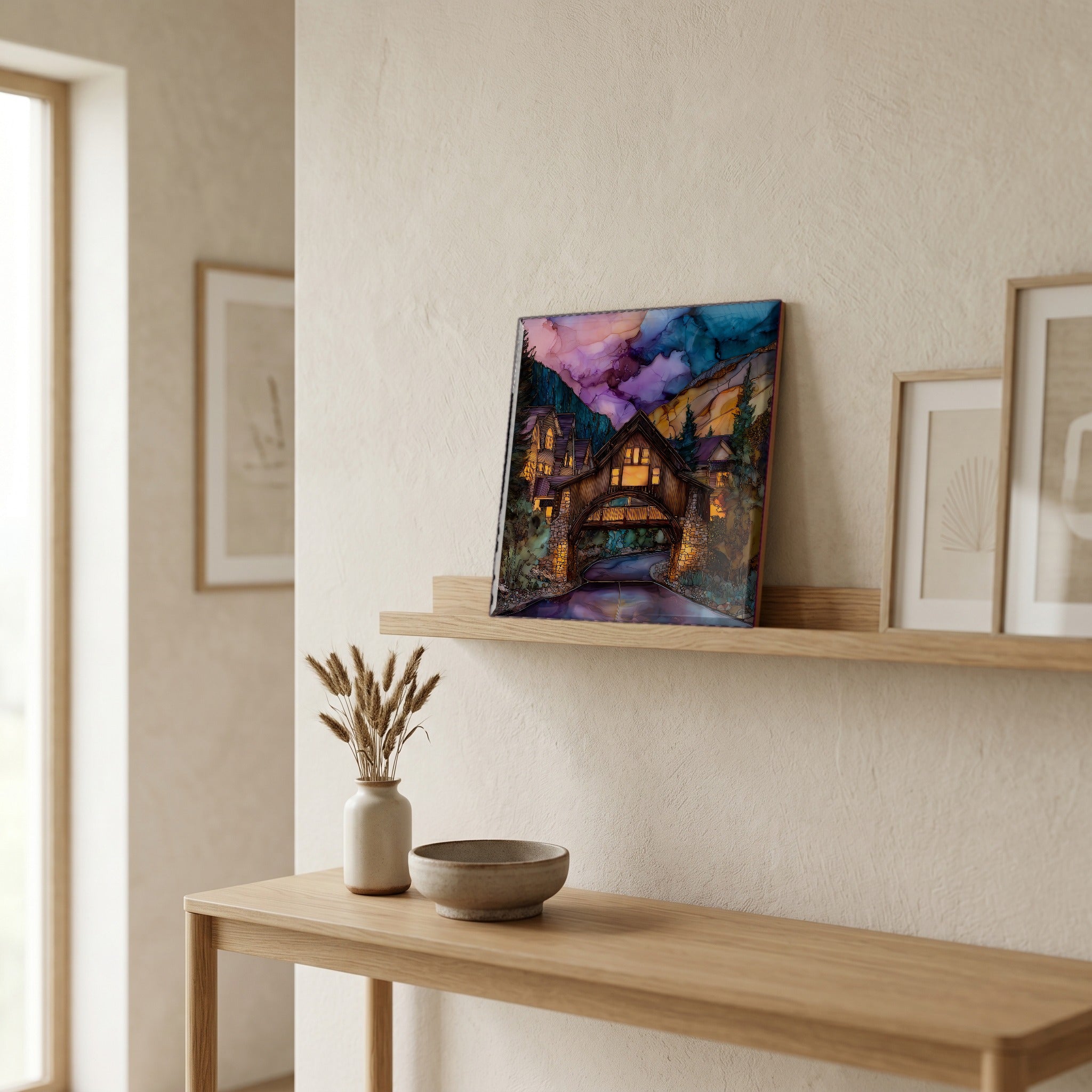 On a picture ledge, where the light comes in.