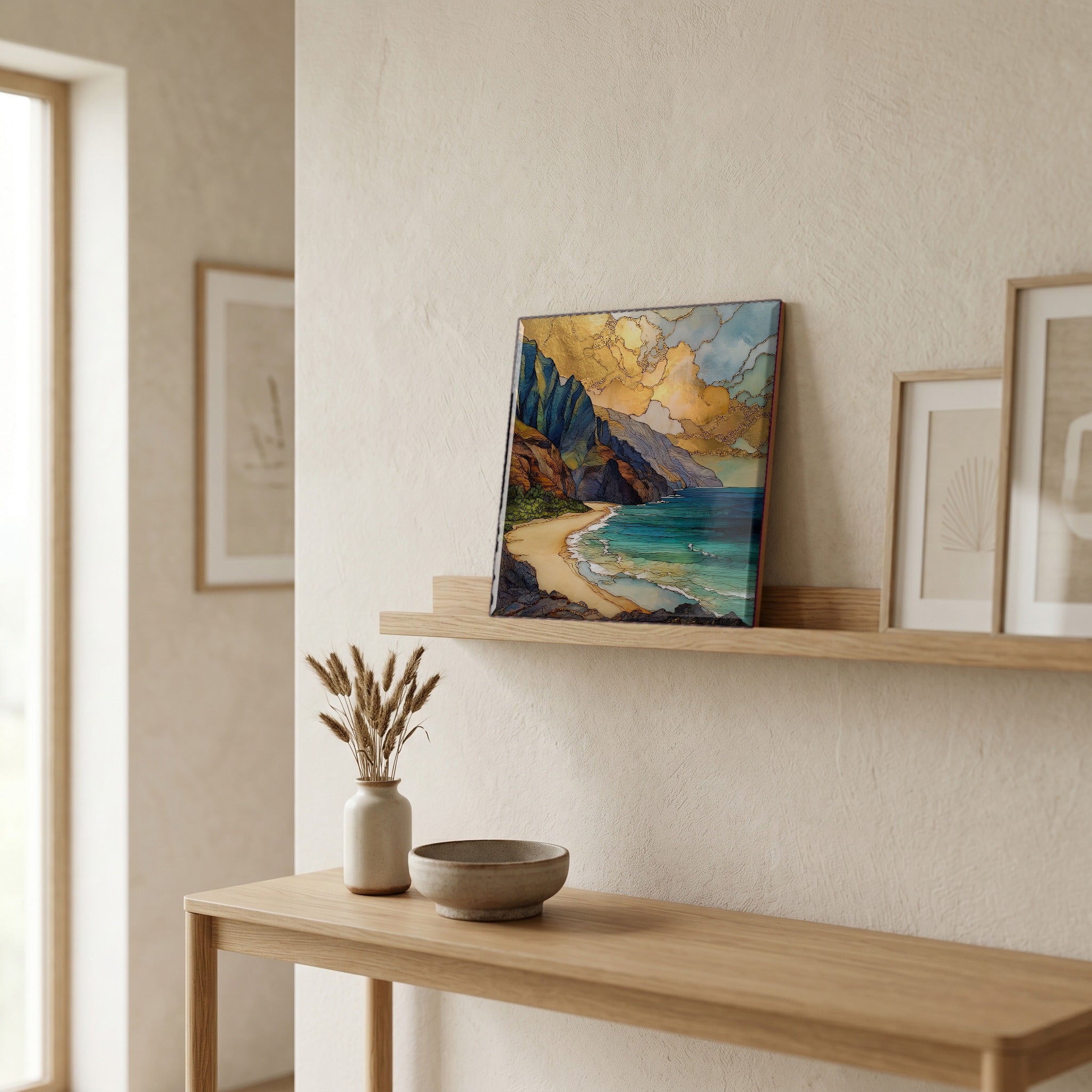 On a picture ledge, where the light comes in.