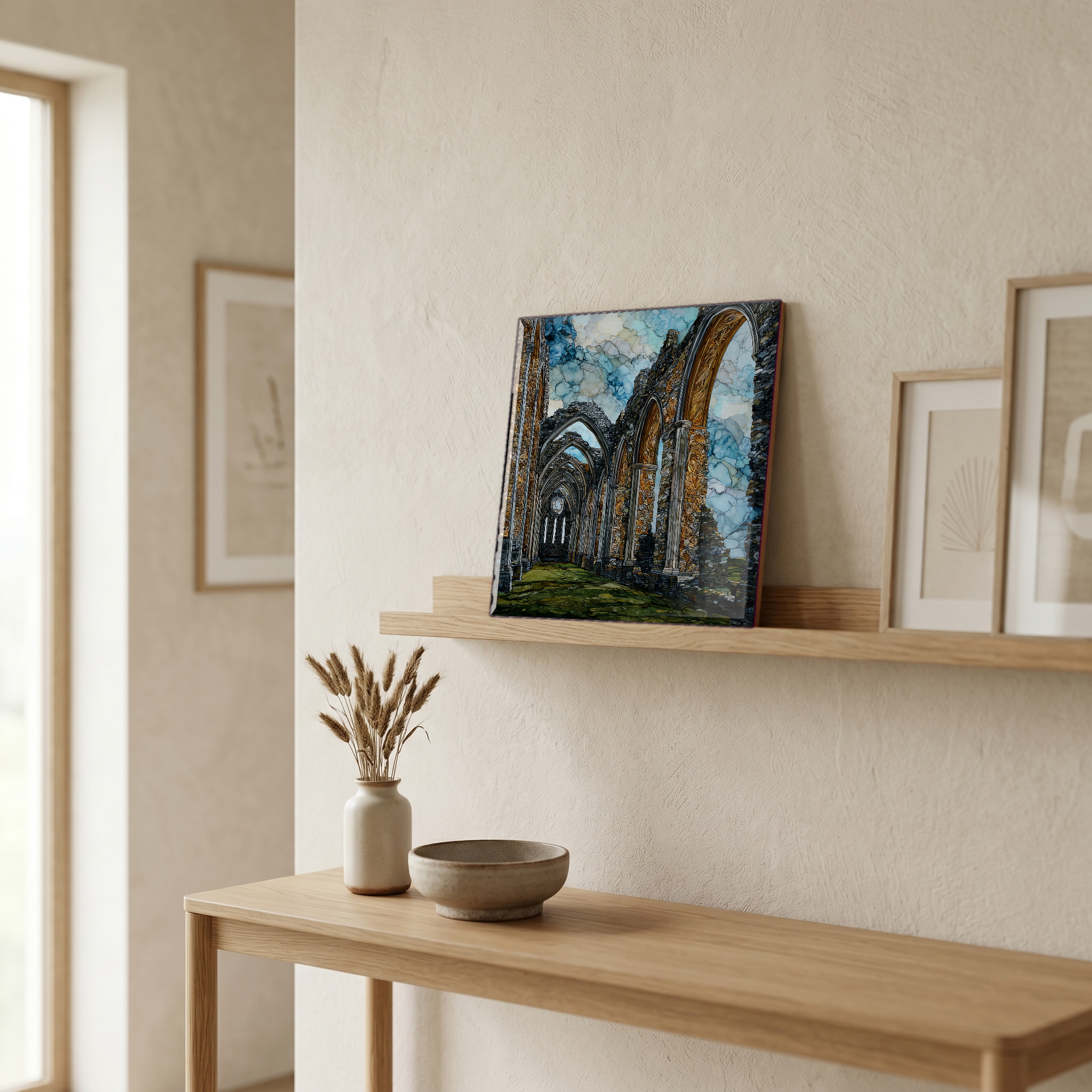 On a picture ledge, where the light comes in.