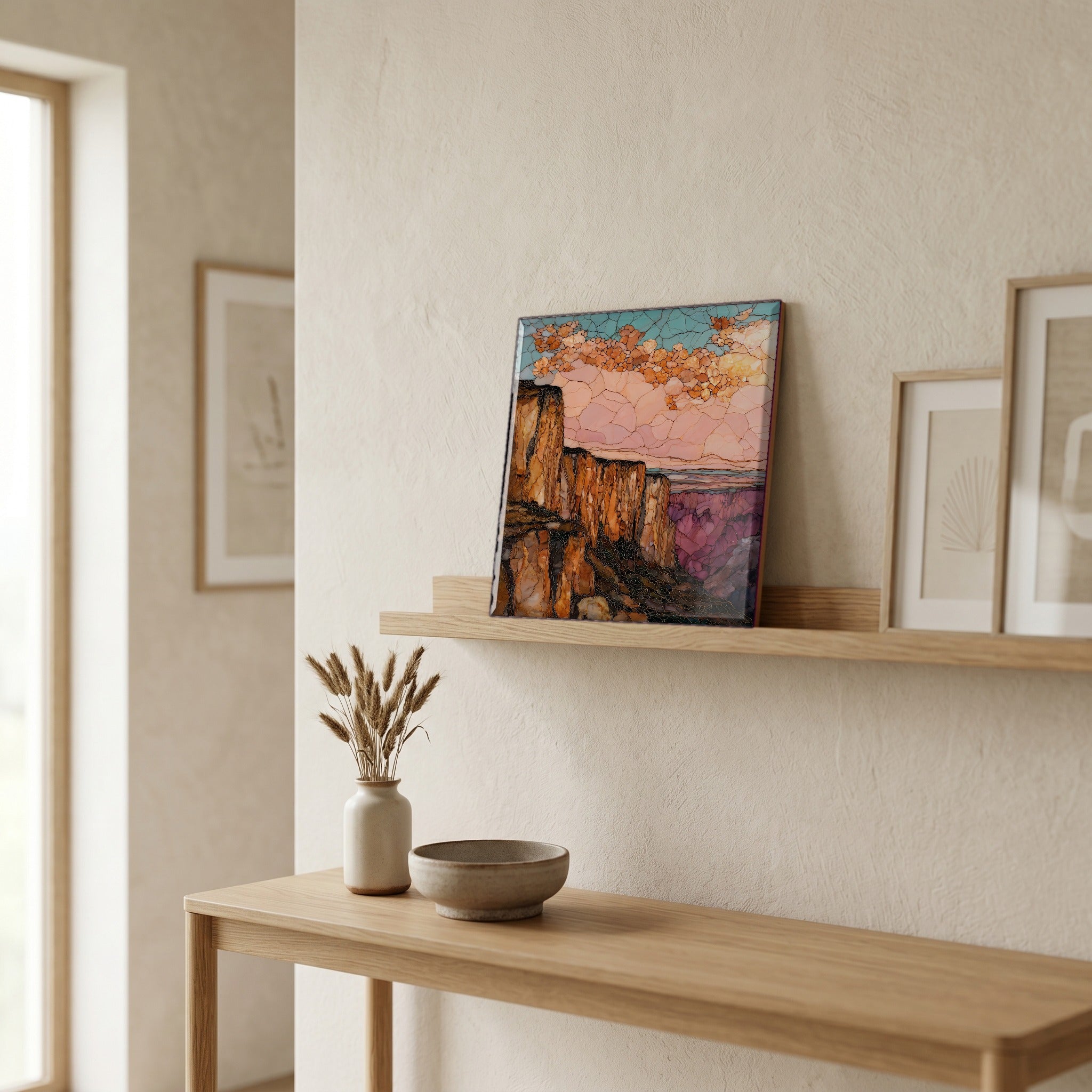 On a picture ledge, where the light comes in.