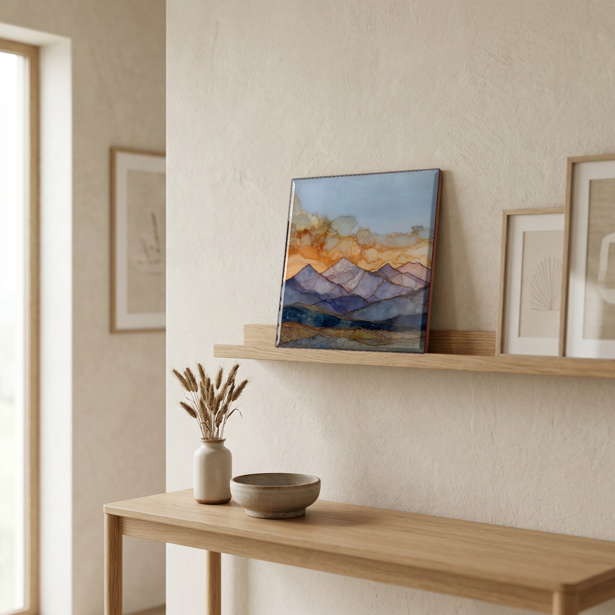 On a picture ledge, where the light comes in.