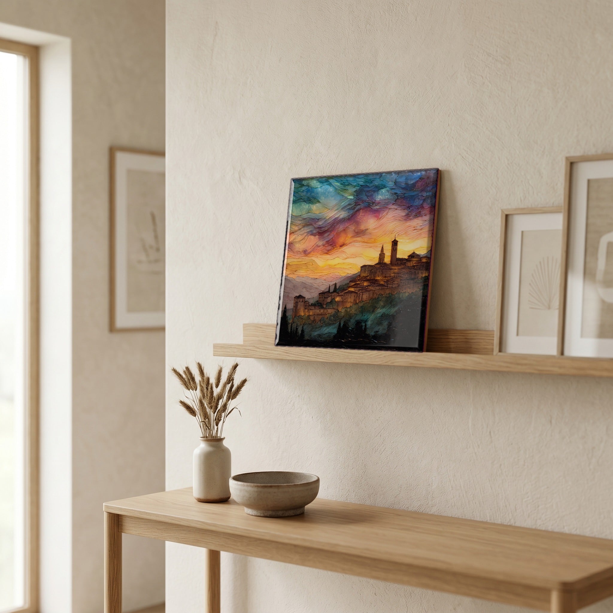 On a picture ledge, where the light comes in.