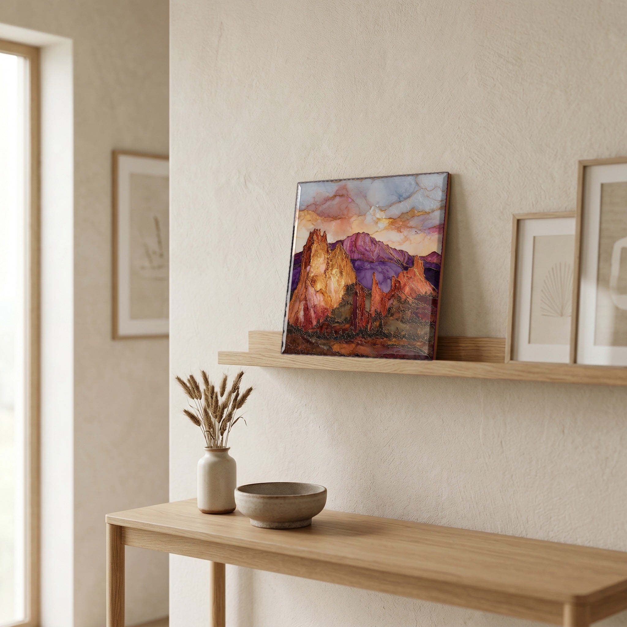 On a picture ledge, where the light comes in.